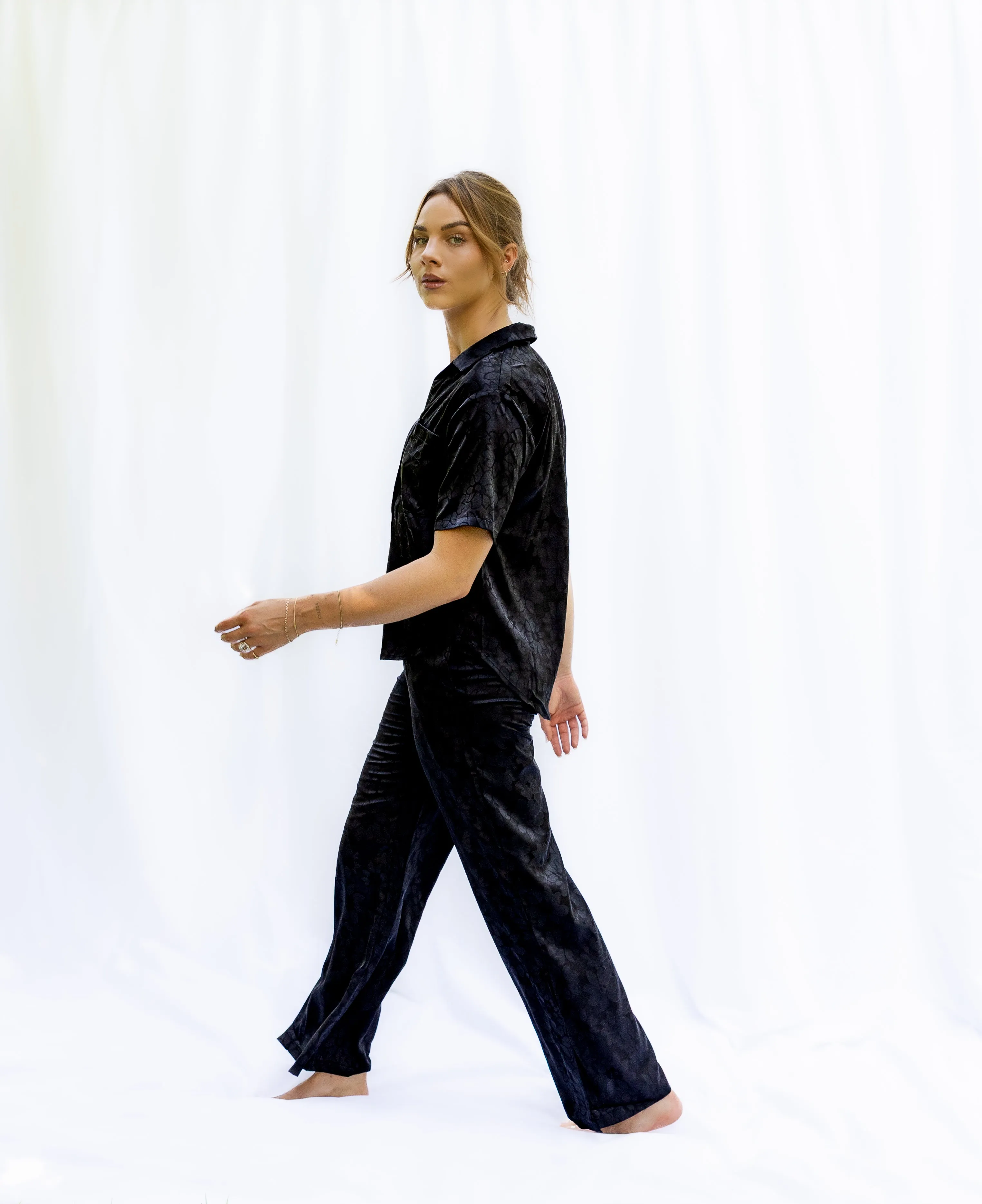 Sophia Floral Jacquard Short Sleeve Pant Set in Noir sold by waverles product image thumbnail 3