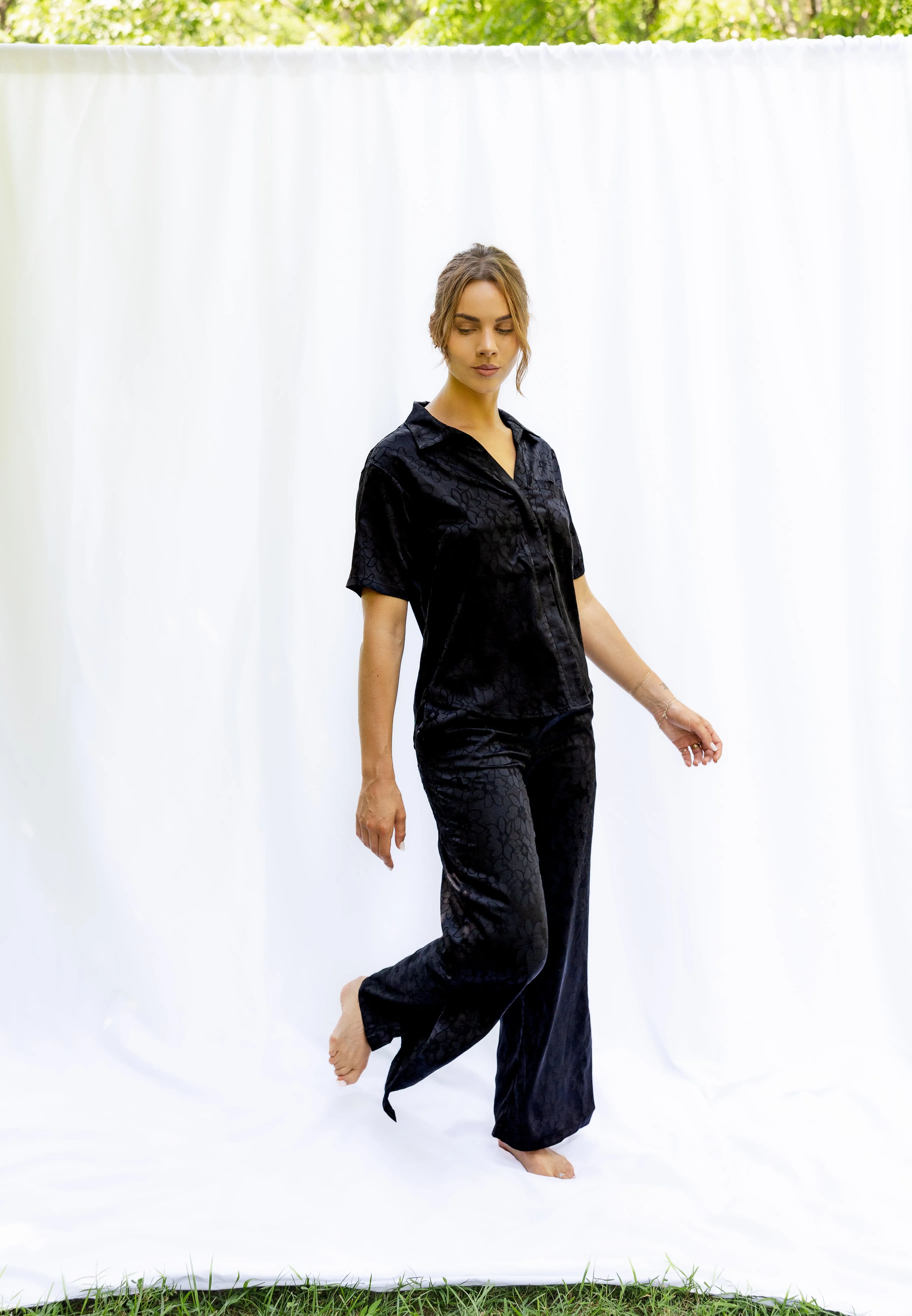 Sophia Floral Jacquard Short Sleeve Pant Set in Noir sold by waverles product image thumbnail 4