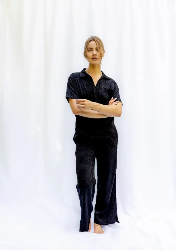 Sophia Floral Silky Jacquard Short Sleeve Pant Set in Noir sold by waverles