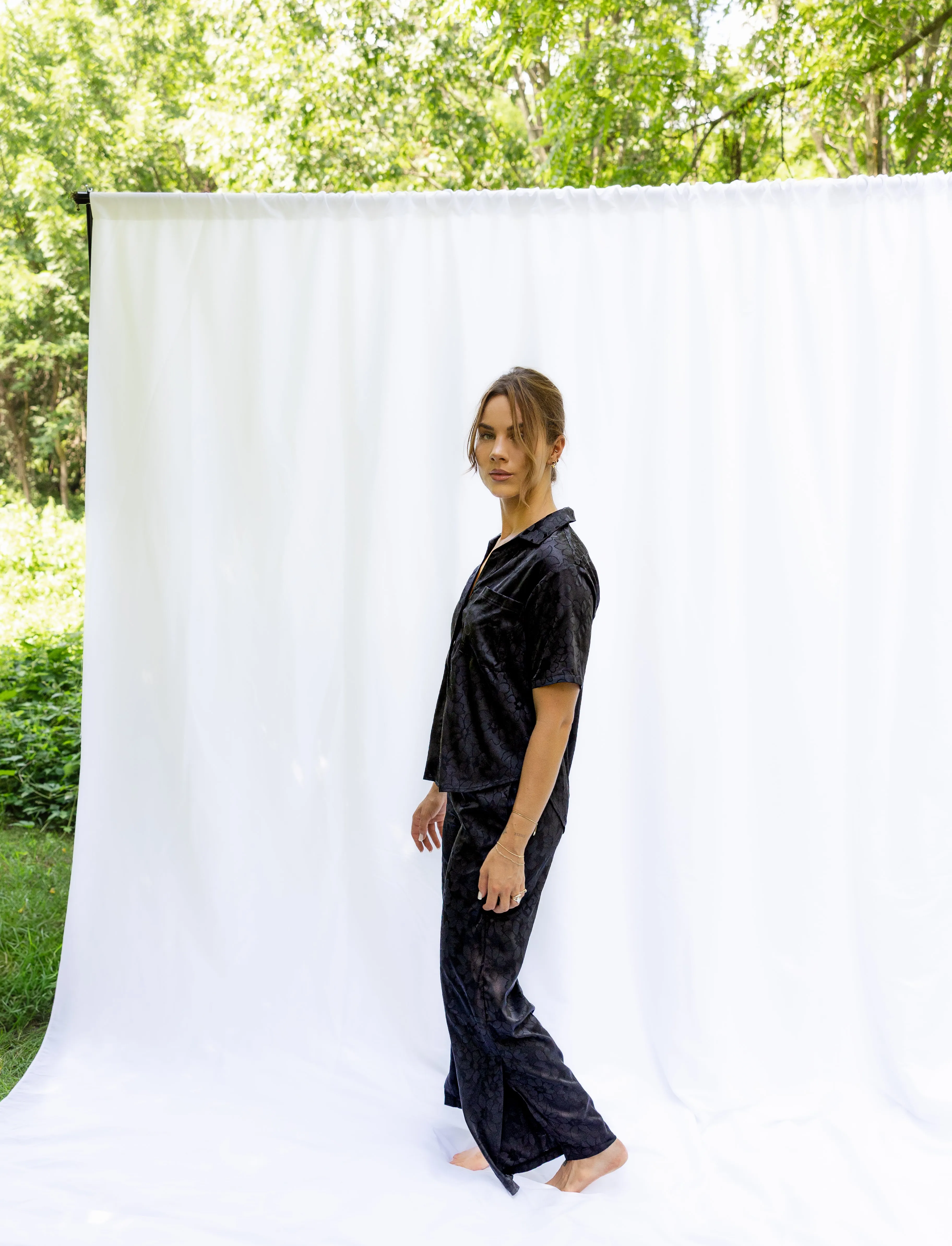 Sophia Floral Jacquard Short Sleeve Pant Set in Noir sold by waverles product image thumbnail 2