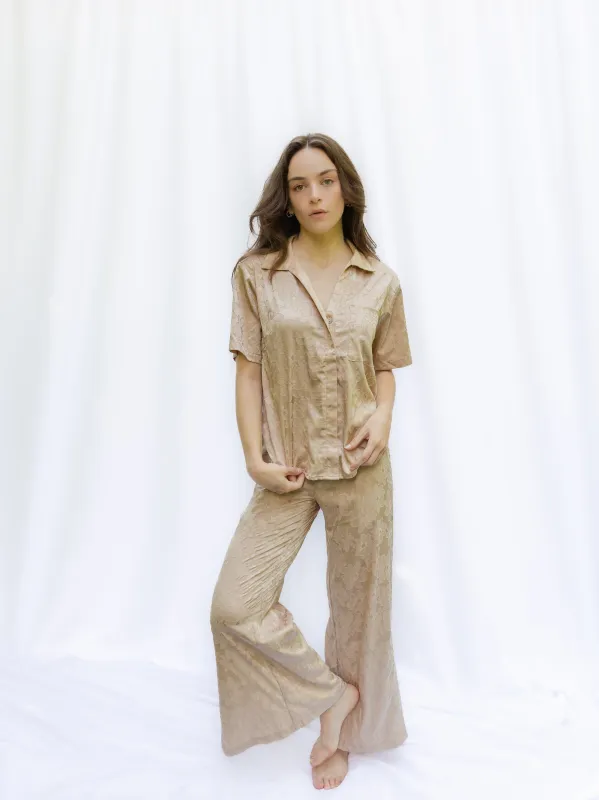 Sophia Floral Jacquard Short Sleeve Pant Set in Champagne sold by waverles