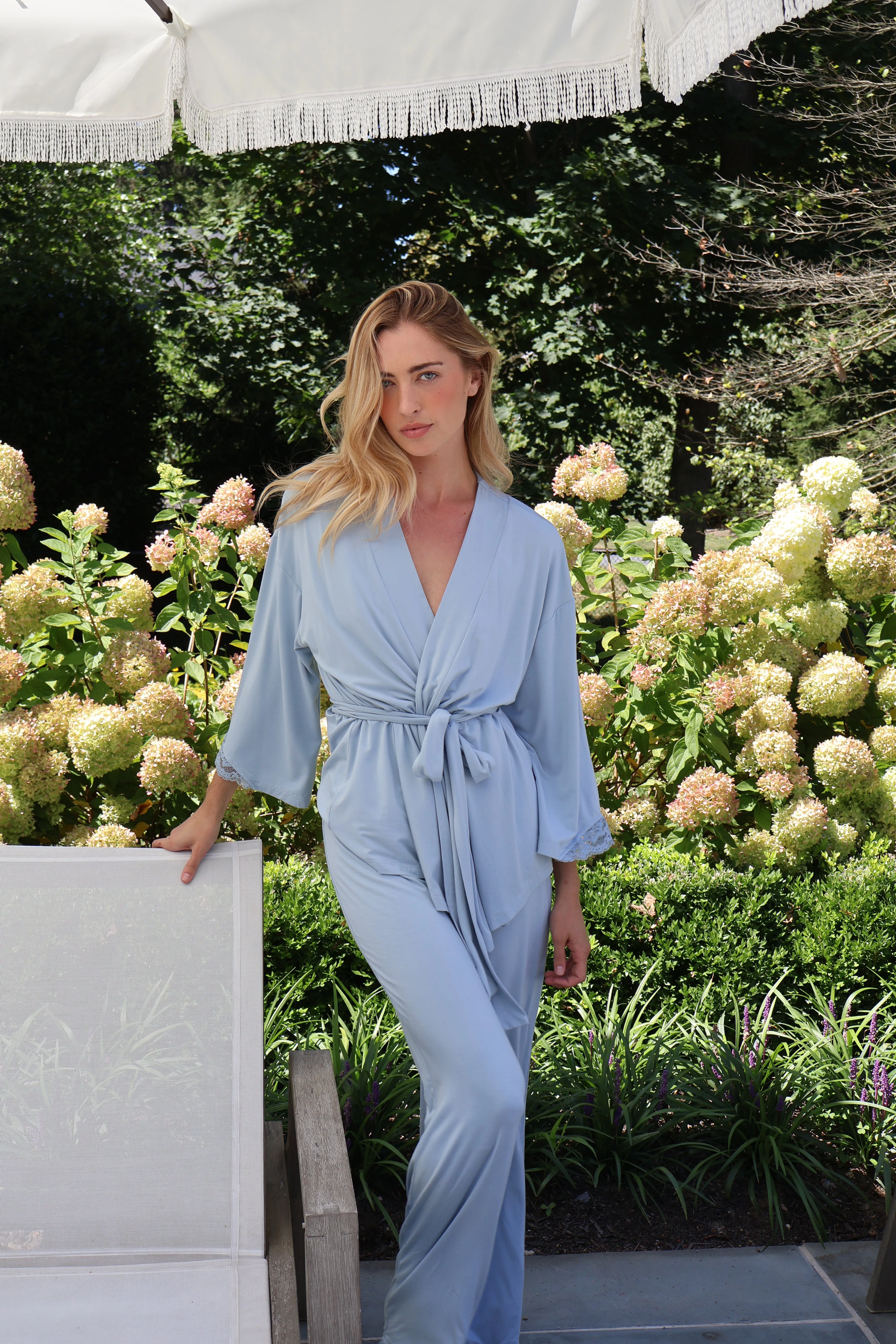 Riley Kimono Bamboo Pajama Set in Dusty Blue sold by waverles