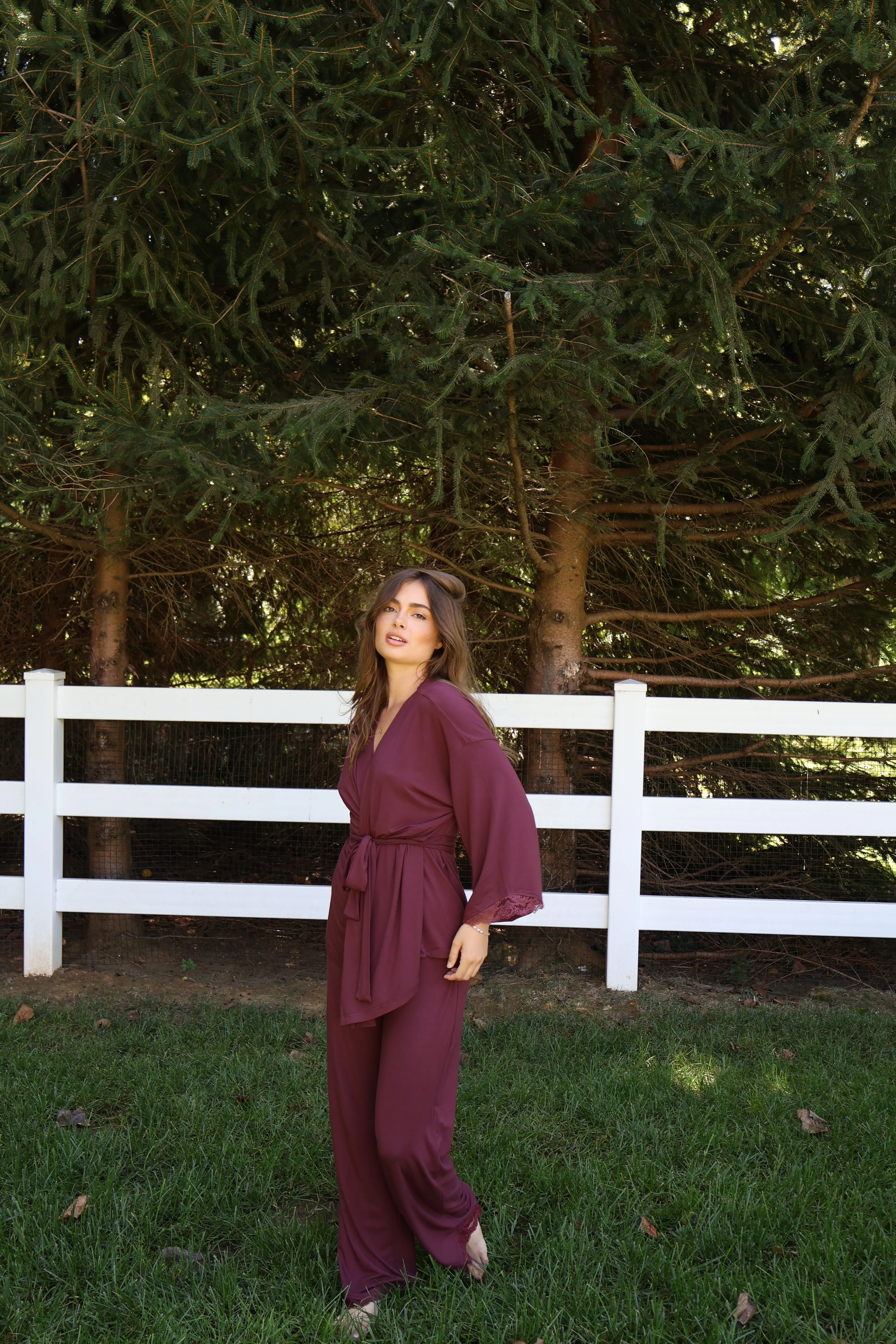 Riley Kimono Bamboo Pajama Set in Merlot sold by waverles
