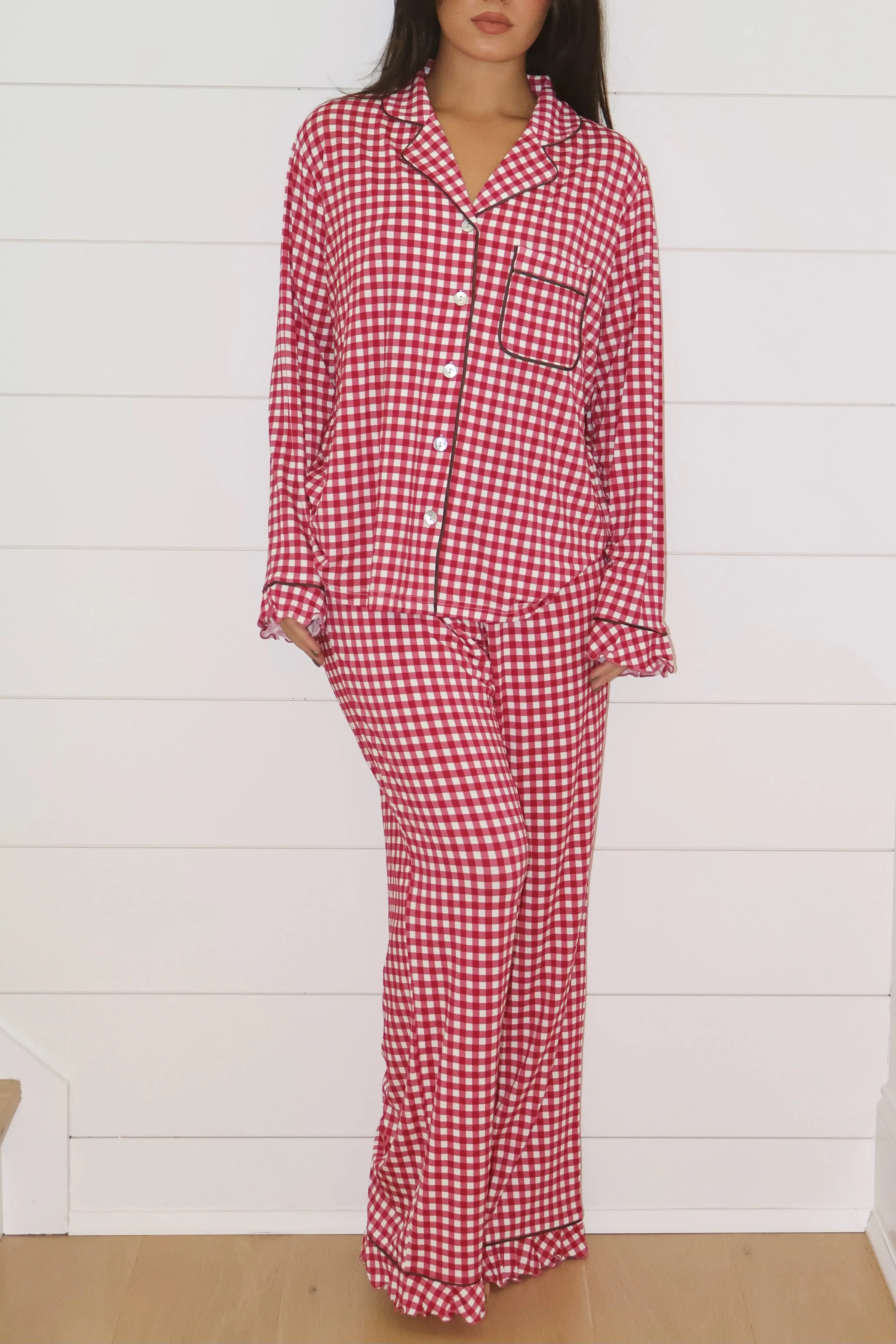 Ruffle Bamboo Pajama Set in Berry Gingham sold by waverles product image thumbnail 5