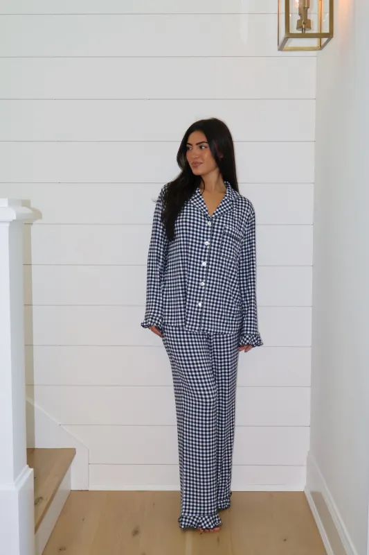 Ruffle Bamboo Pajama Set in Navy Gingham sold by waverles