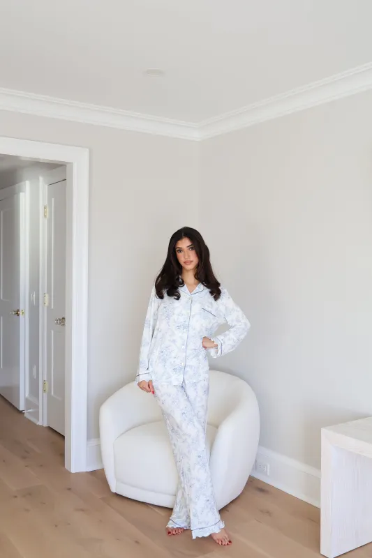 Ruffle Bamboo Pajama Pant Set in Blue Toile sold by waverles