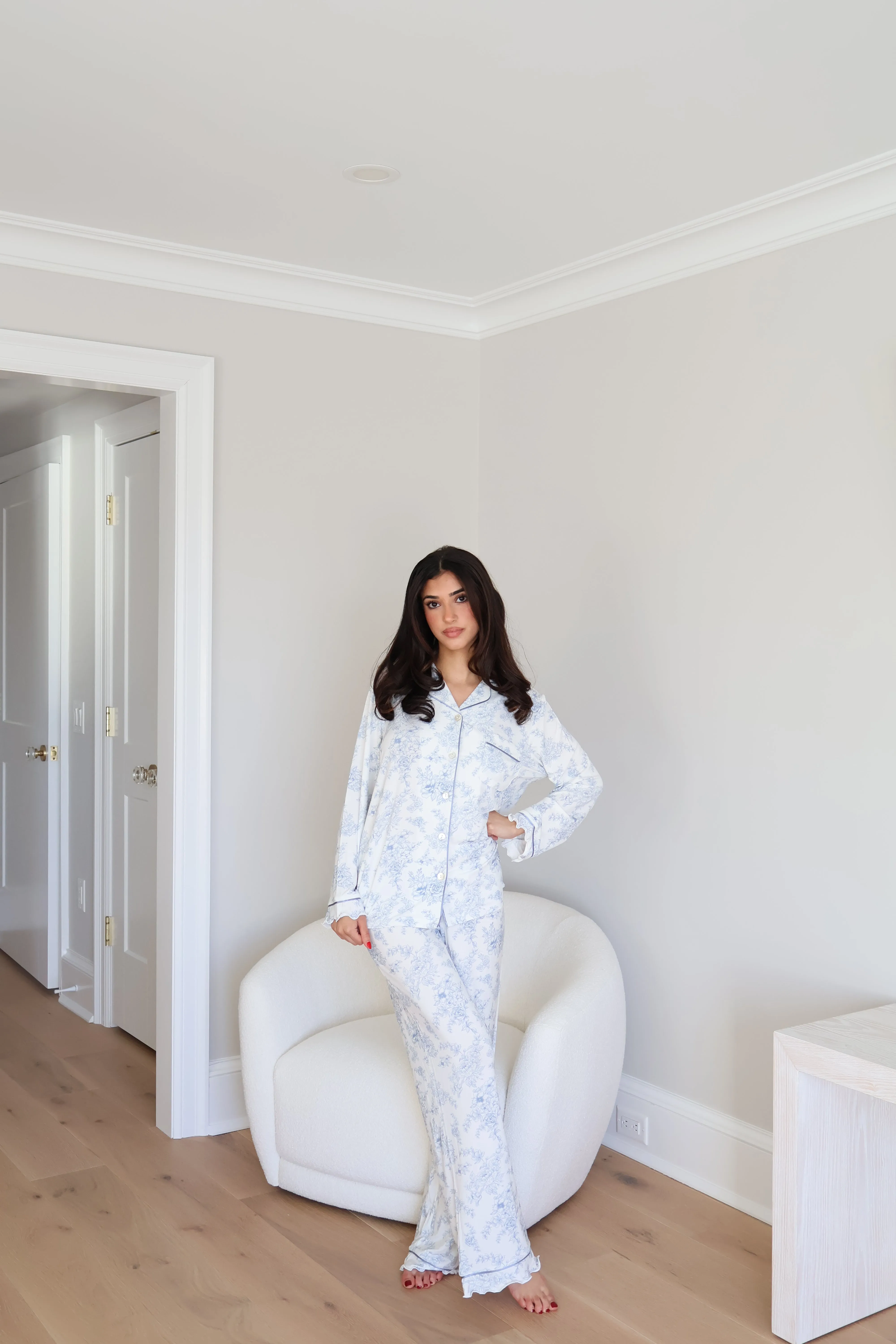 Ruffle Bamboo Pajama Pant Set in Blue Toile sold by waverles