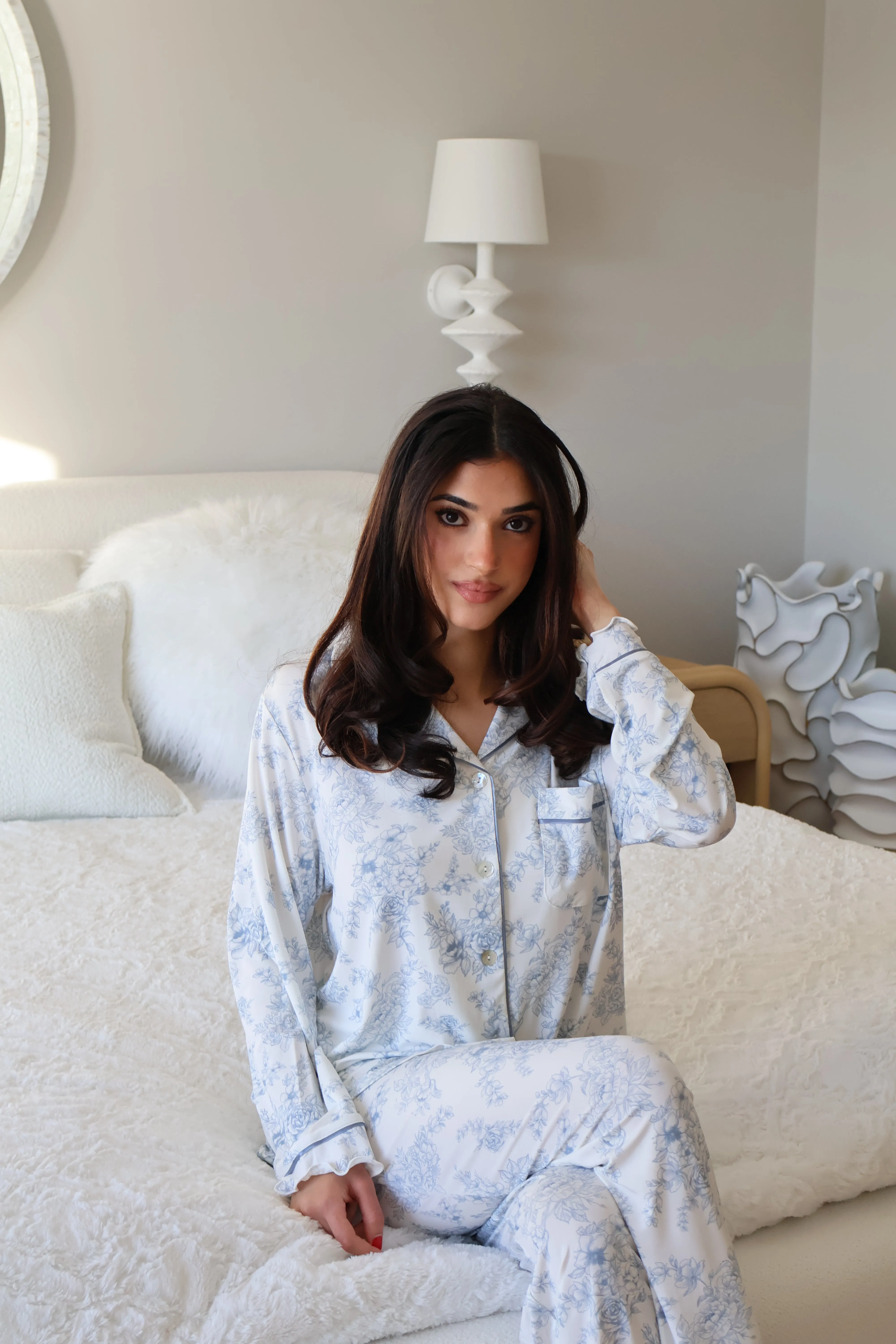 Ruffle Bamboo Pajama Pant Set in Blue Toile sold by waverles product image thumbnail 5
