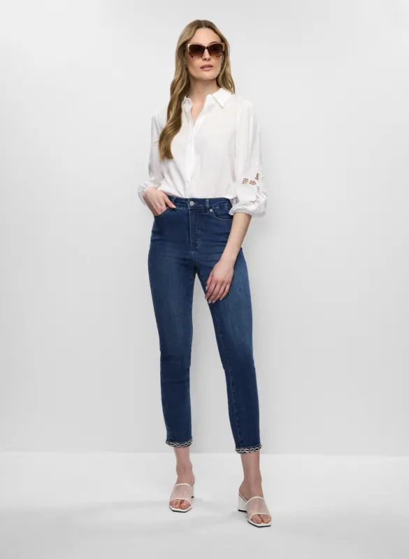 Embroidered Button-Down Blouse & Slim Leg Denim Capris sold by Melanie Lyne
