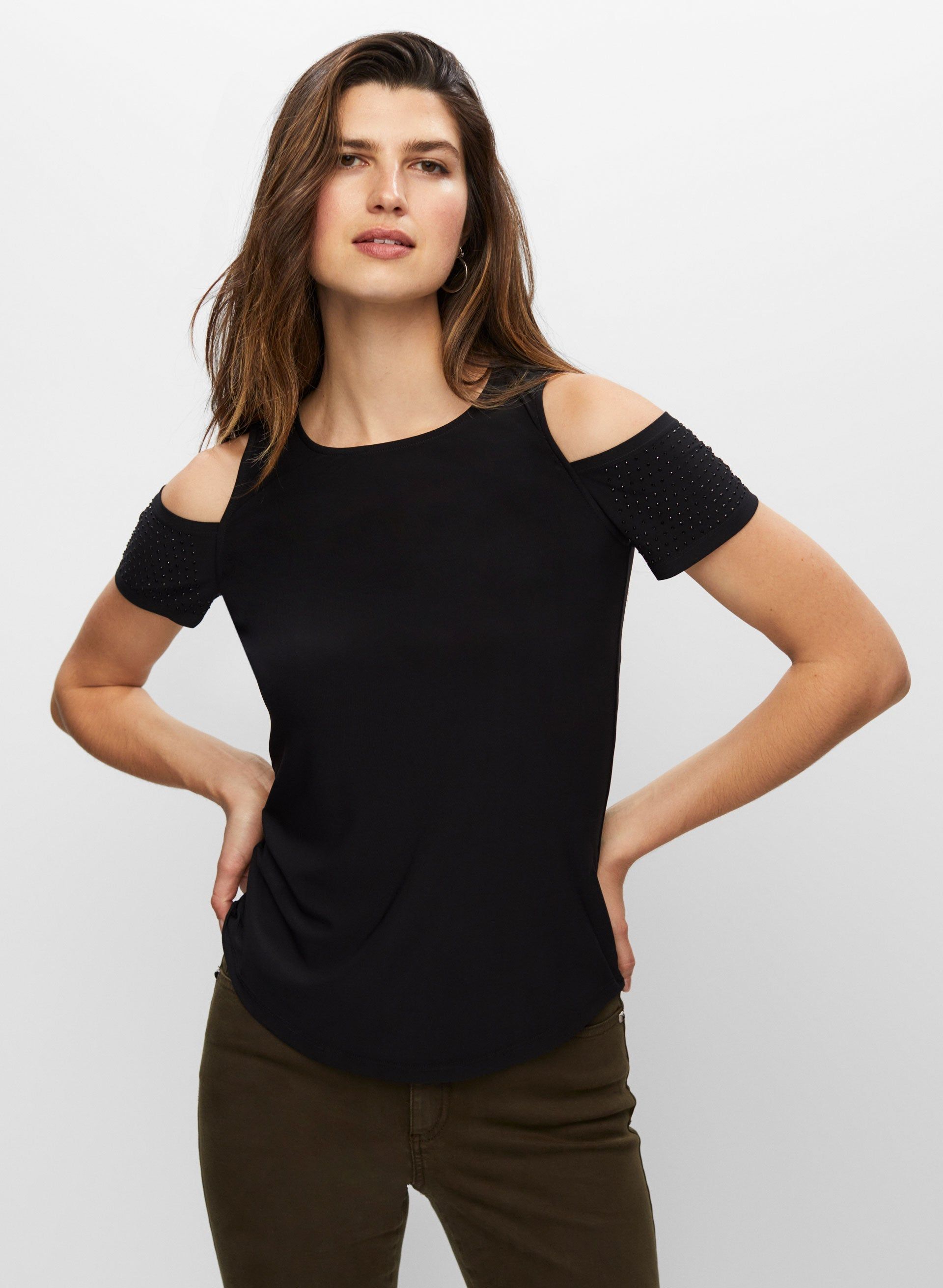 Rhinestone Detail Cold Shoulder Top sold by Melanie Lyne