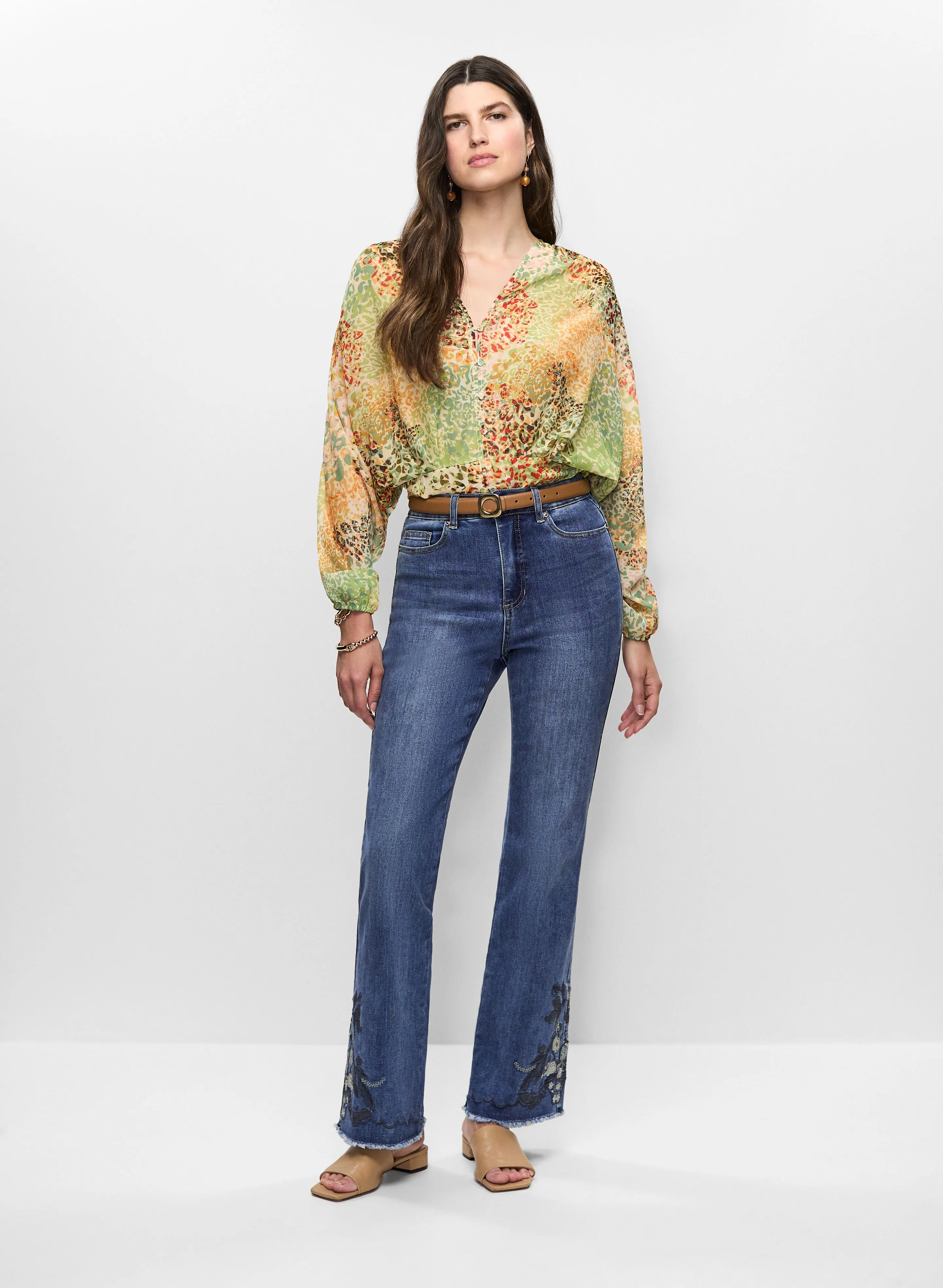 Animal Print Chiffon Top & Embroidered Hem Flare Leg Jeans sold by Melanie Lyne