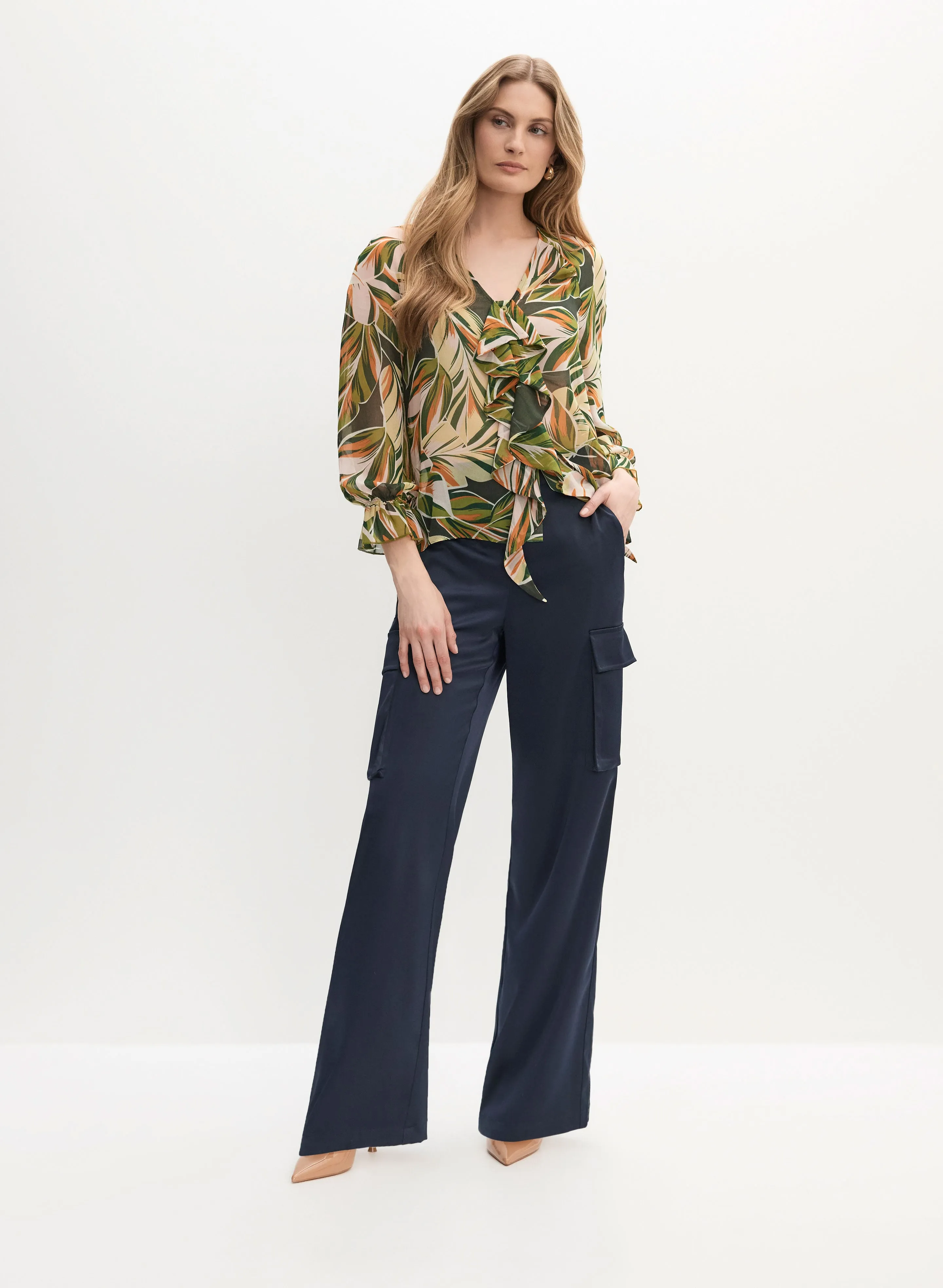Ruffle Front Blouse & Satin Wide-Leg Cargo Pants sold by Melanie Lyne