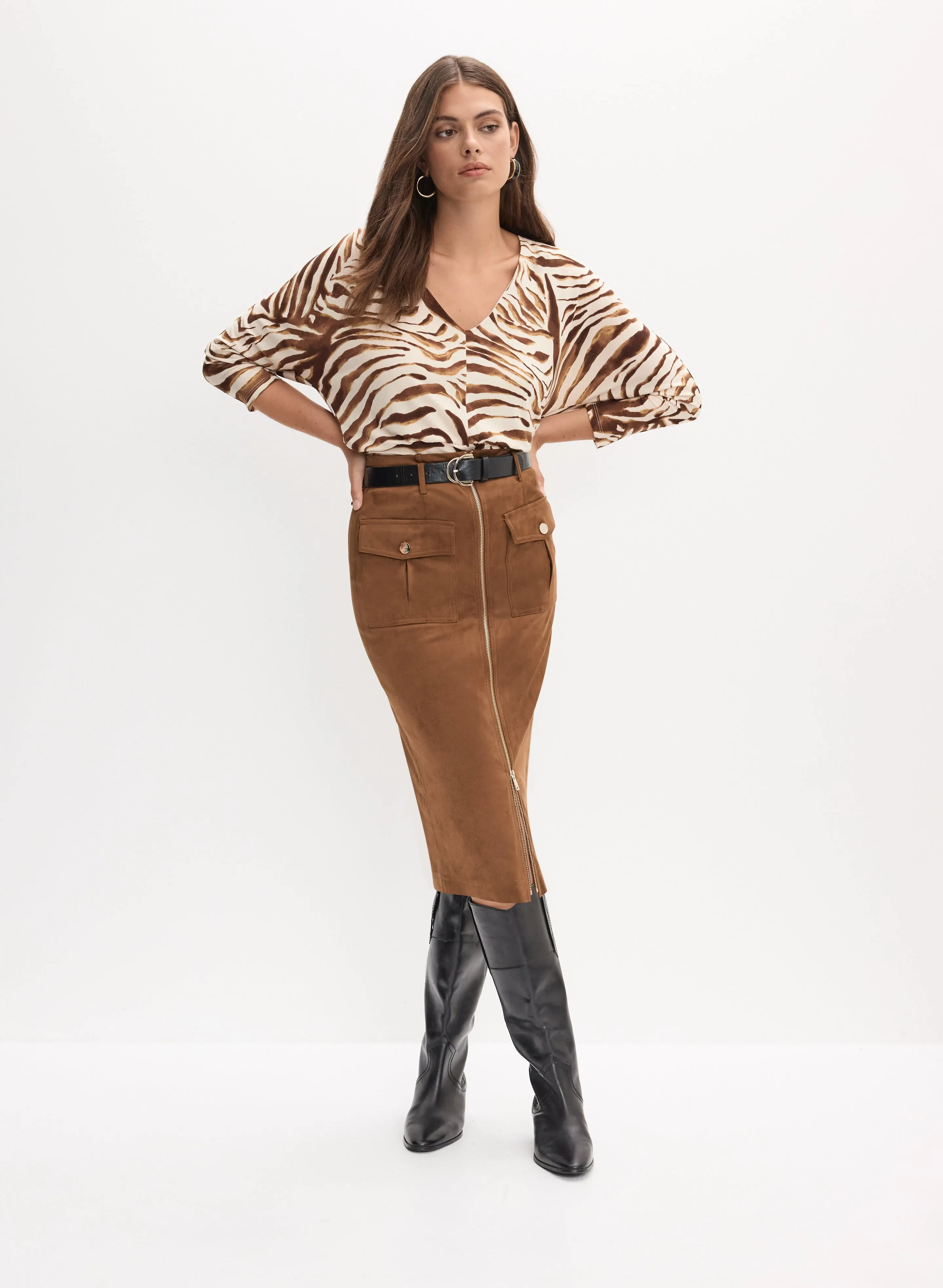 Zebra Print V-Neck Top & Faux Suede Skirt sold by Melanie Lyne