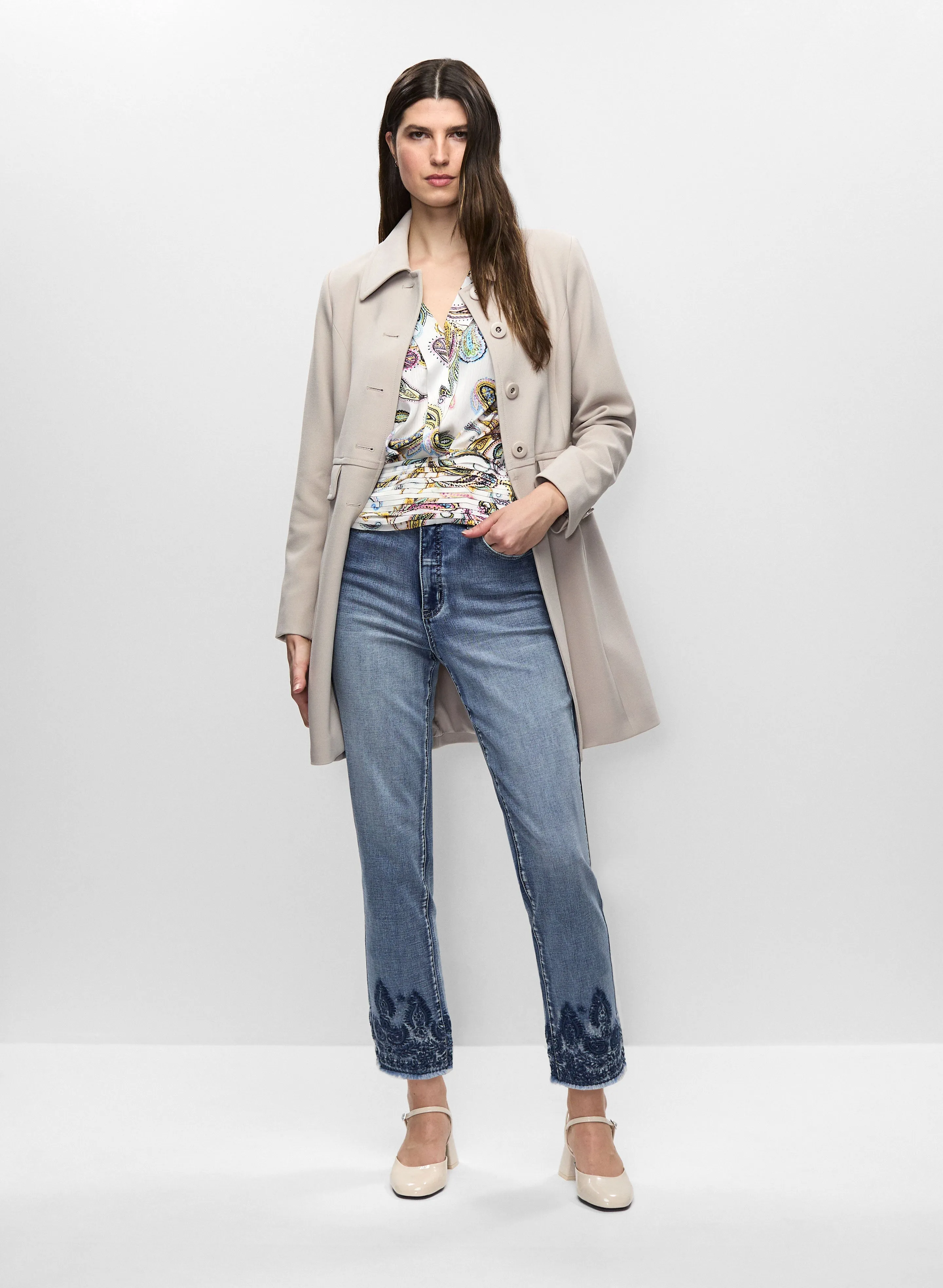Button Front Tricotine Coat & Embroidered Jeans sold by Melanie Lyne