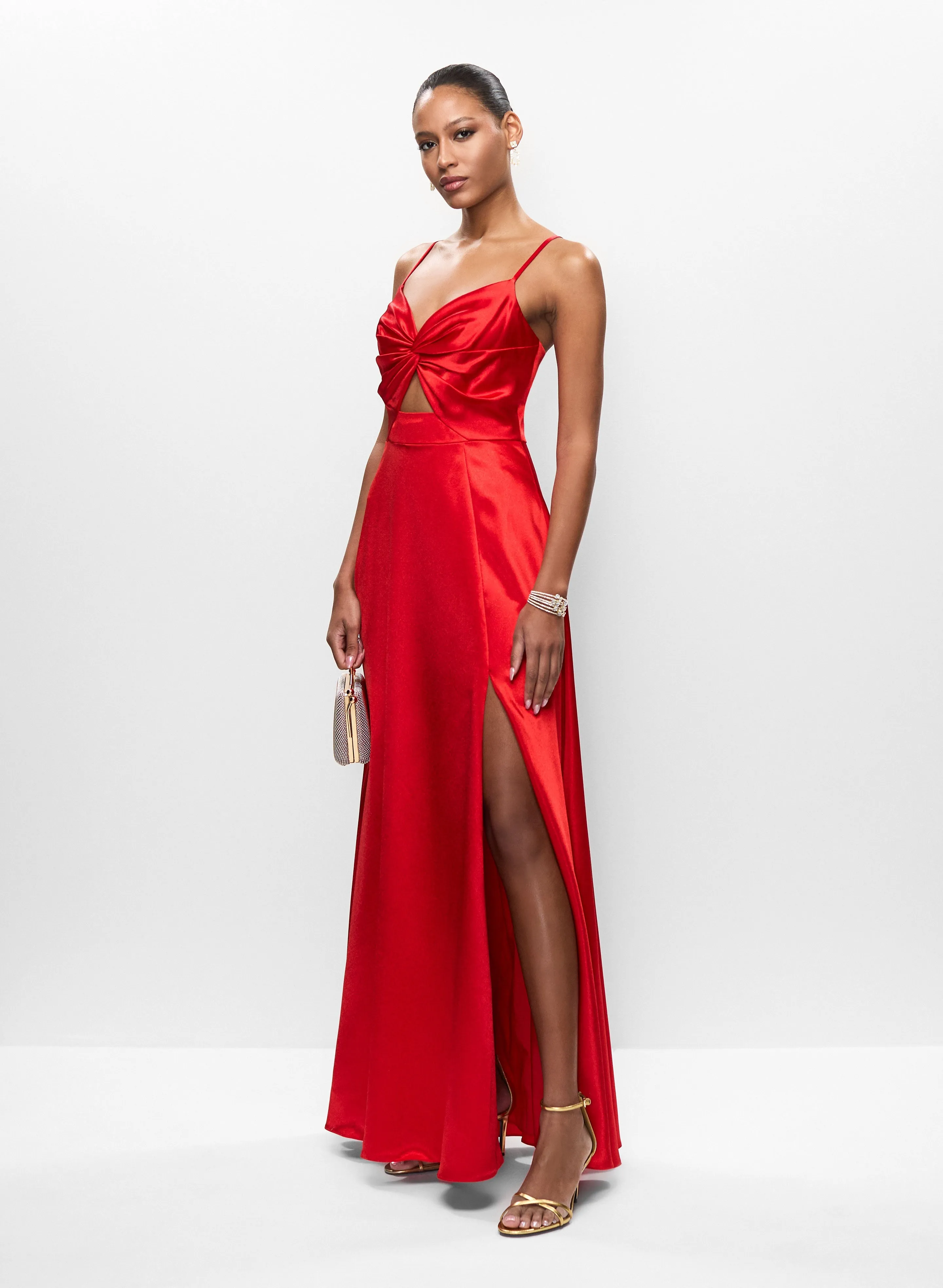 Slit Satin Dress & Trapeze Clutch sold by Melanie Lyne