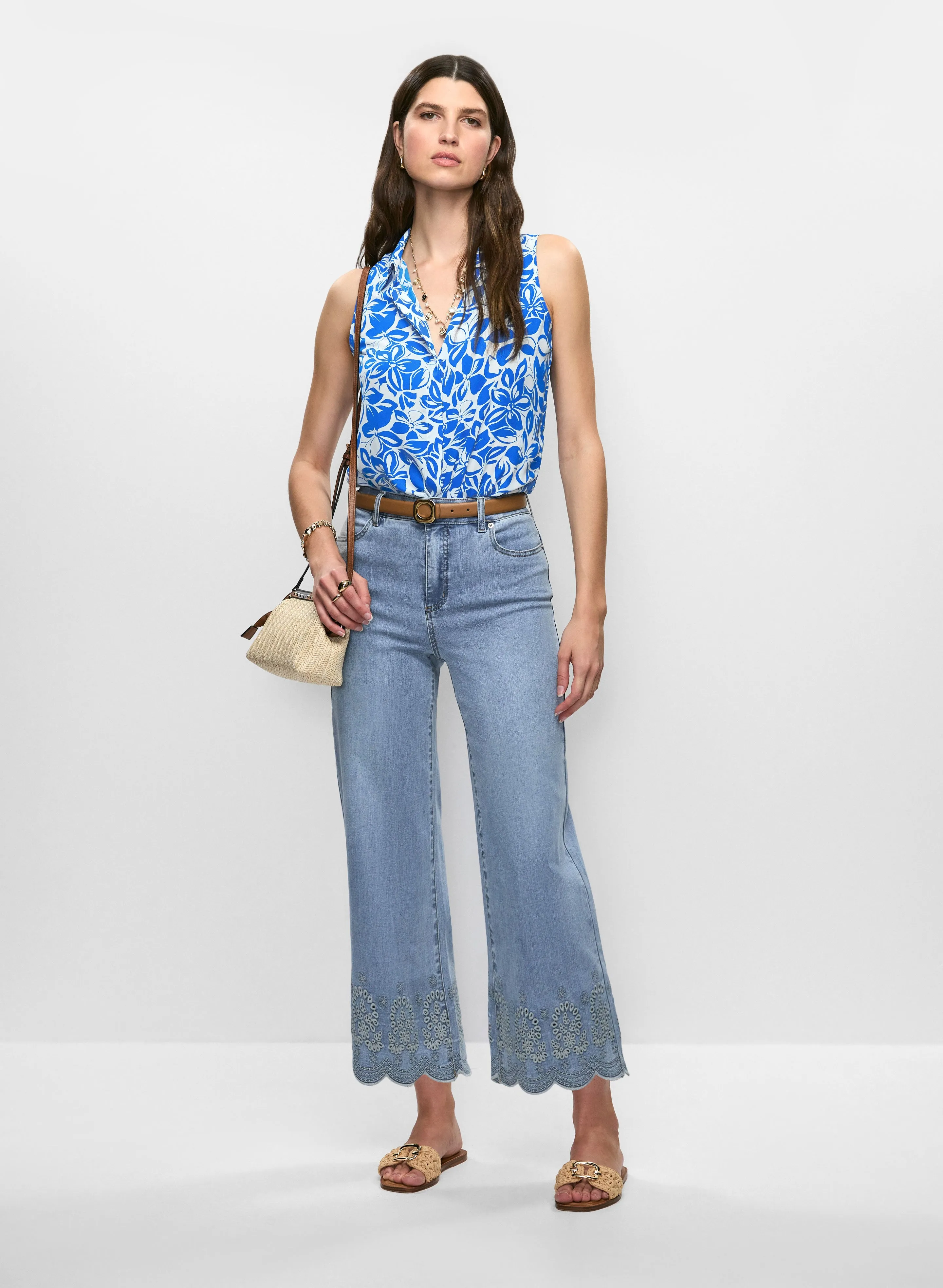 Sleeveless Floral Crepe Blouse & Embroidered Hem Jeans sold by Melanie Lyne