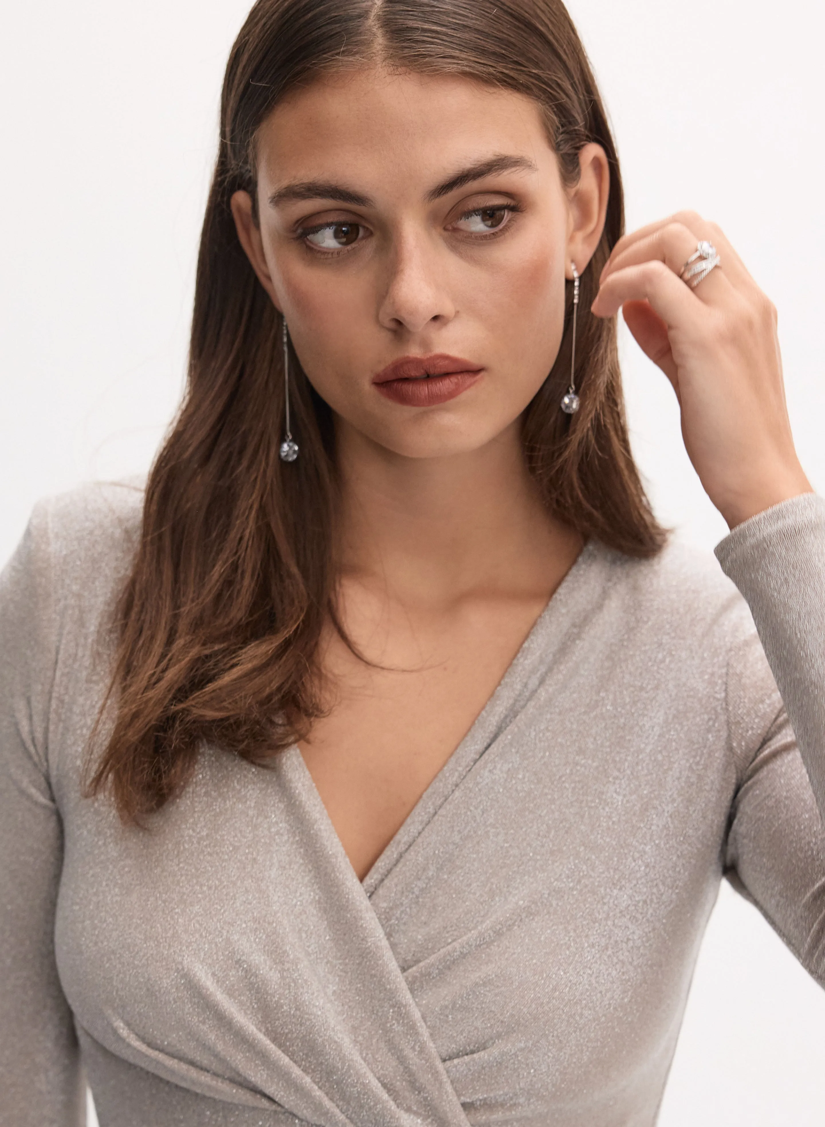 Joseph Ribkoff - V-Neck Side Flounce Glitter Gown sold by Melanie Lyne product image thumbnail 2