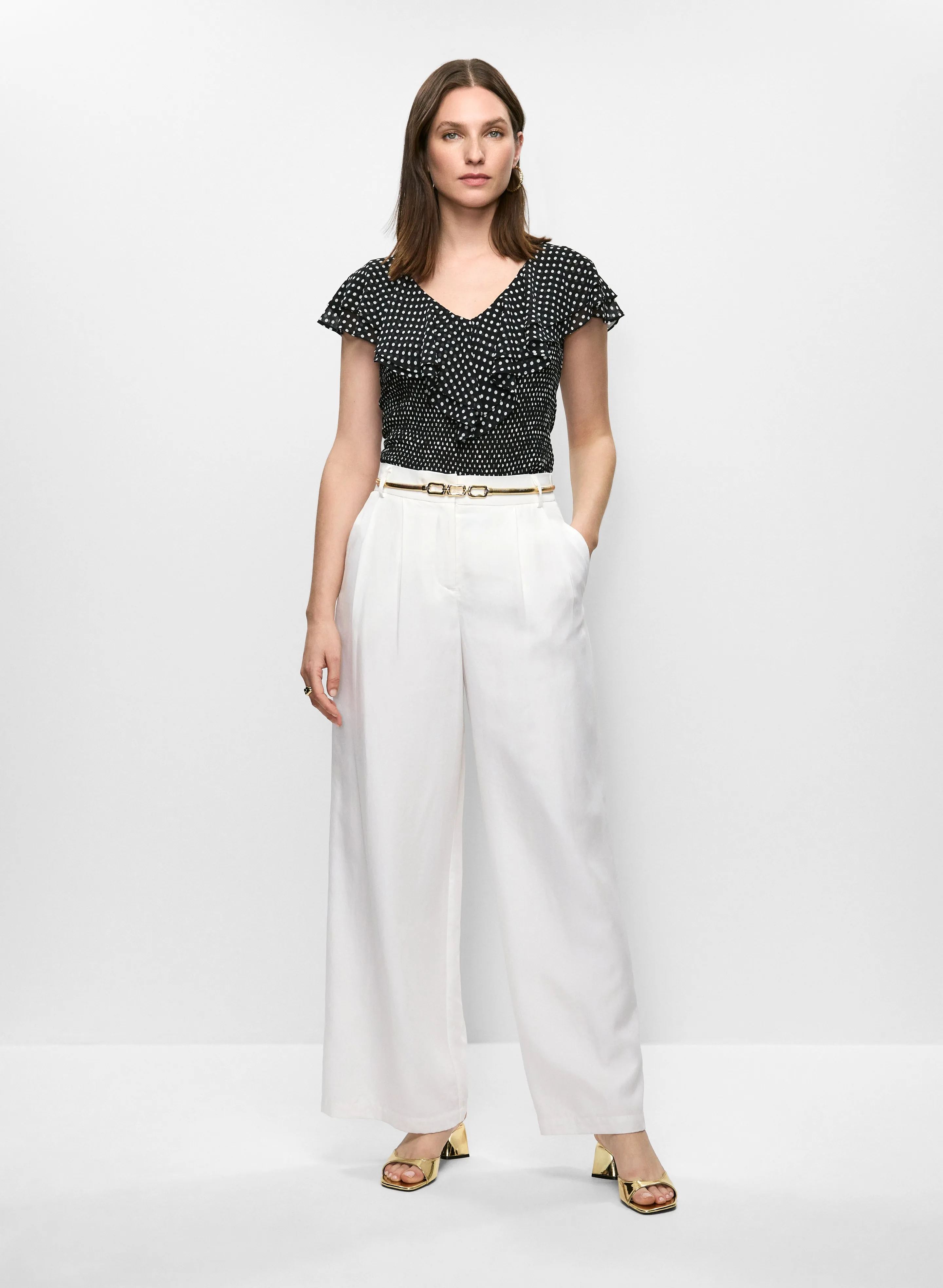 Ruffled Polka Dot Blouse & Linen-Tencel Blend Pants sold by Melanie Lyne