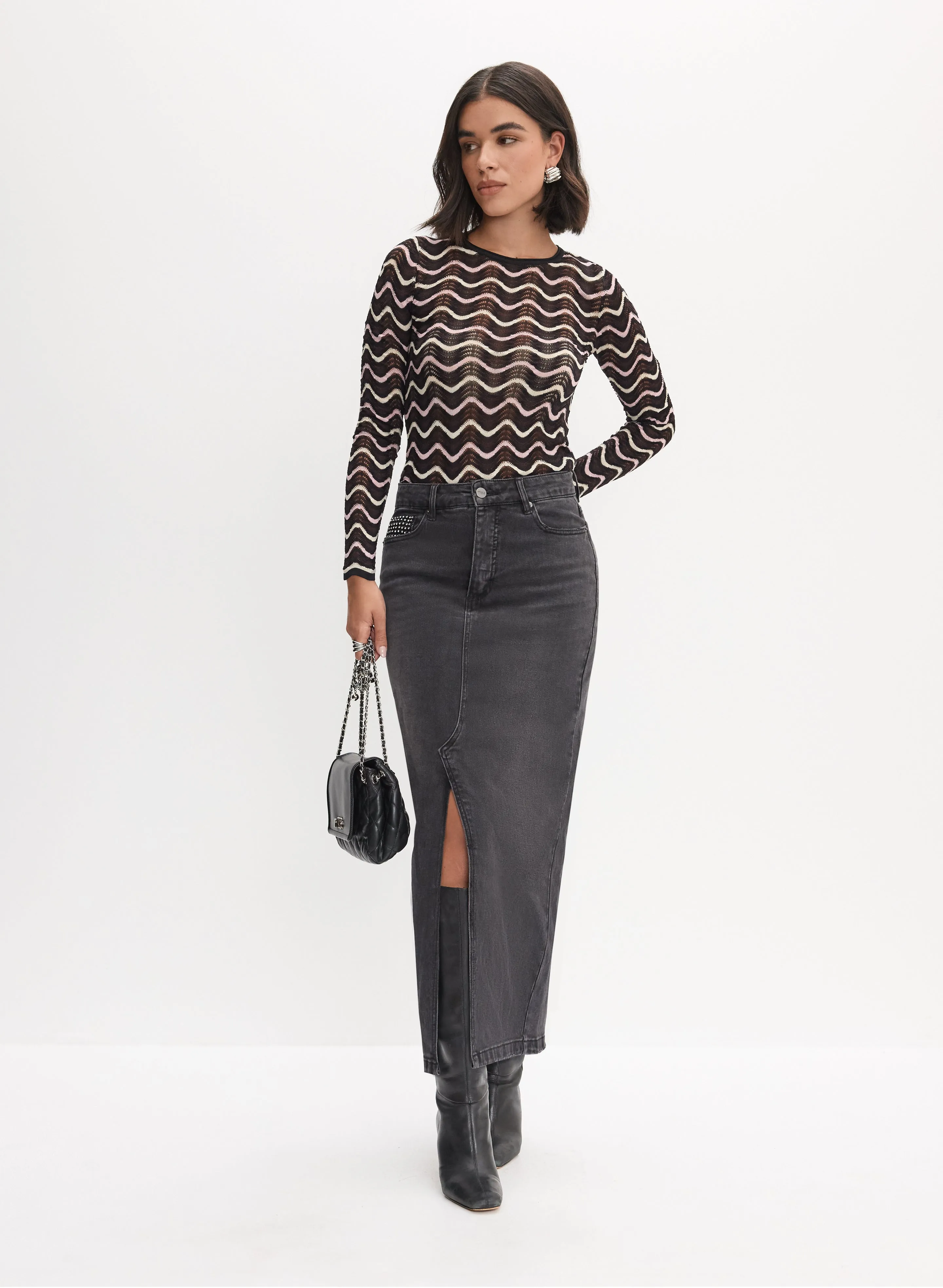 Abstract Print Sweater & Denim Maxi Skirt sold by Melanie Lyne