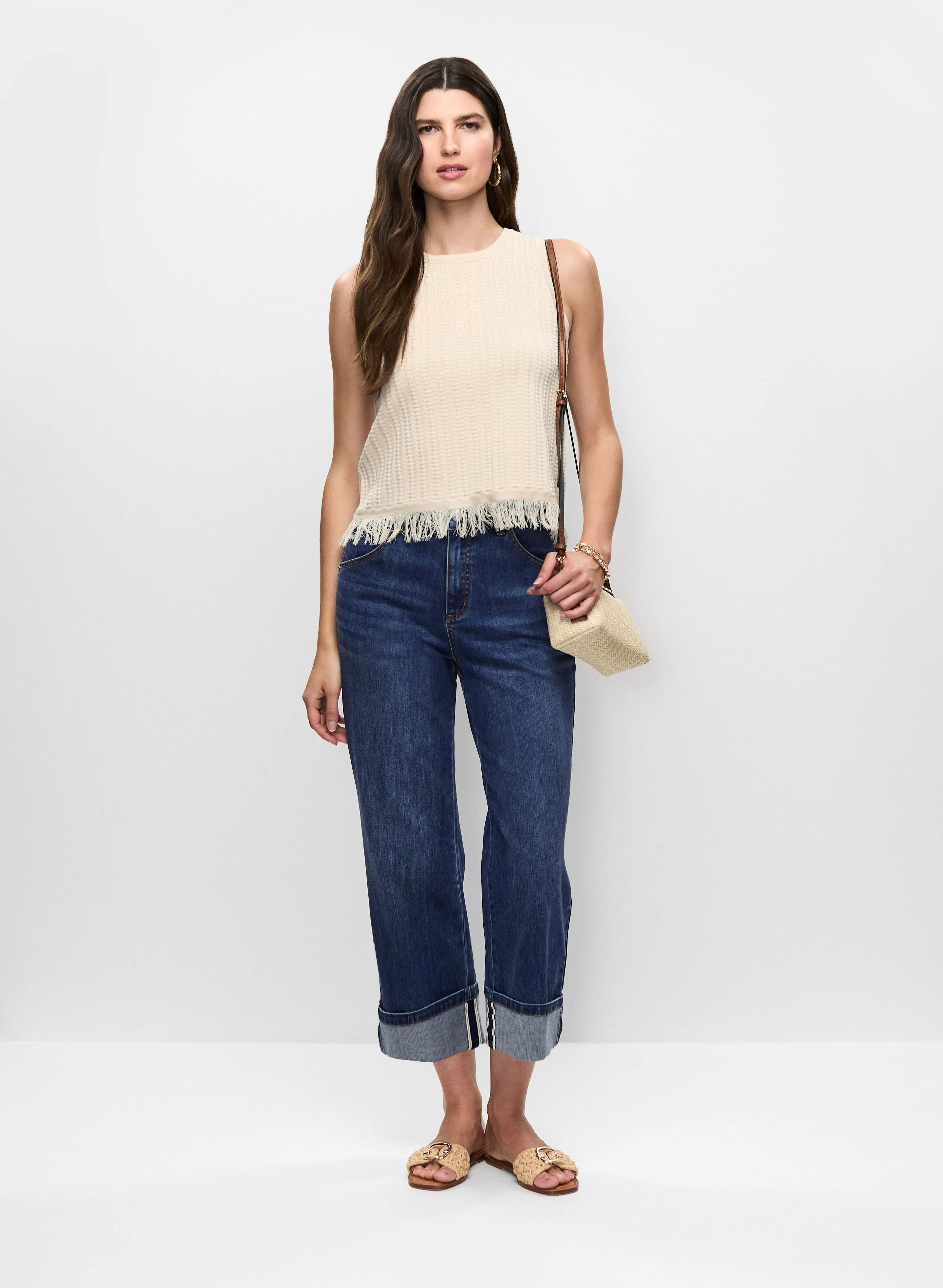 Fringed Crochet Knit Tank & Rolled Hem Culotte Jeans sold by Melanie Lyne