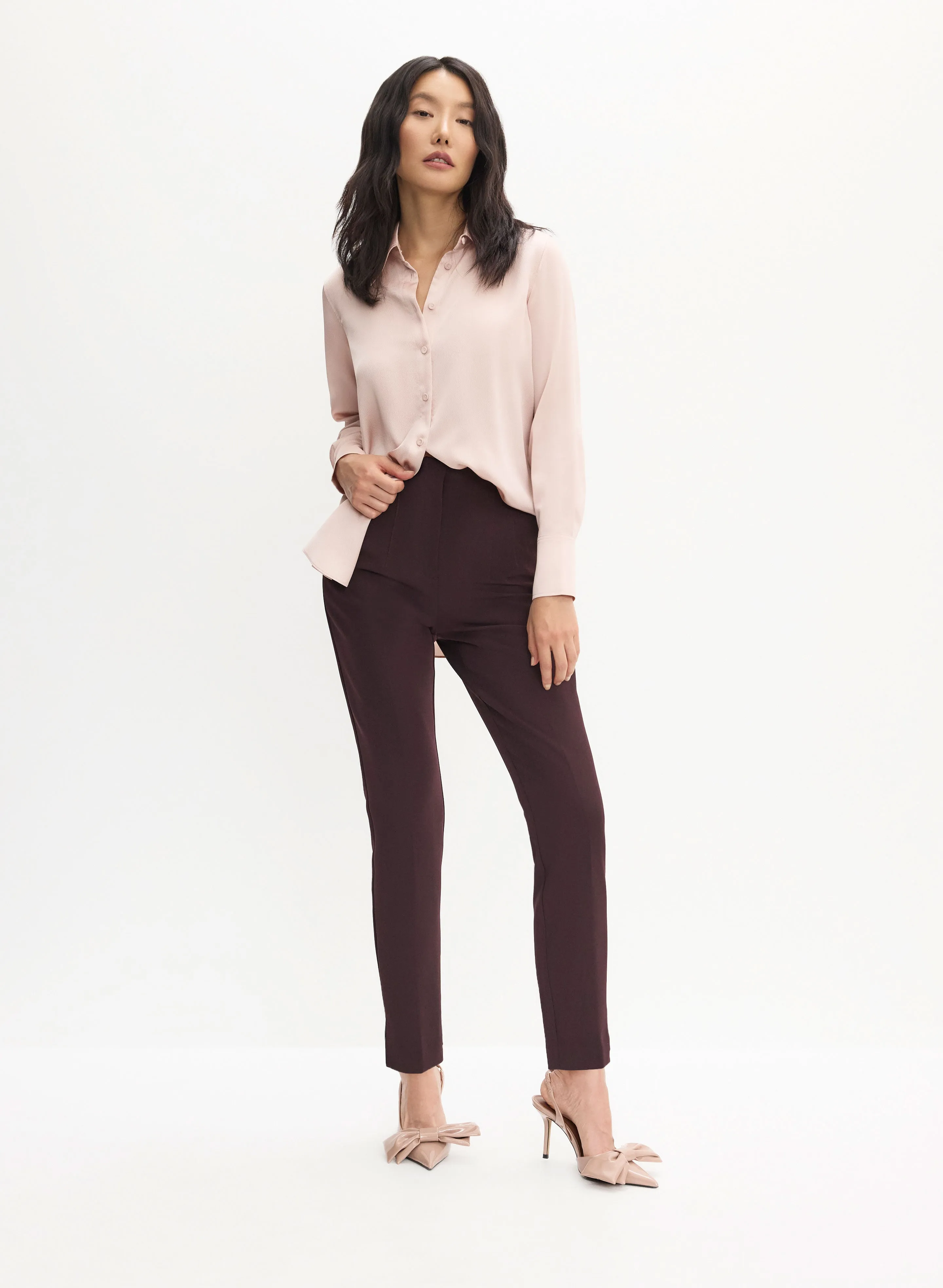 Button-Front Satin Blouse & Slim Leg Pants sold by Melanie Lyne