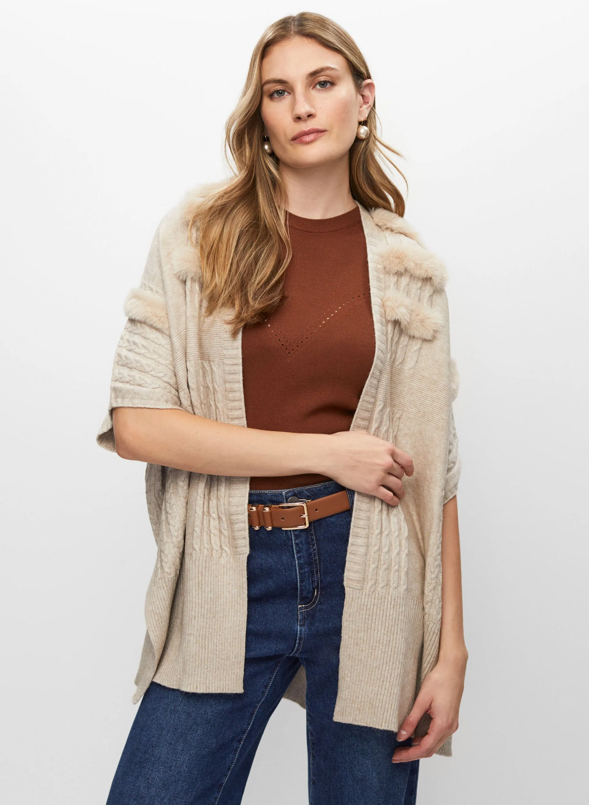 Joseph Ribkoff - Faux Fur Detail Mixed Knit Cardigan sold by Melanie Lyne