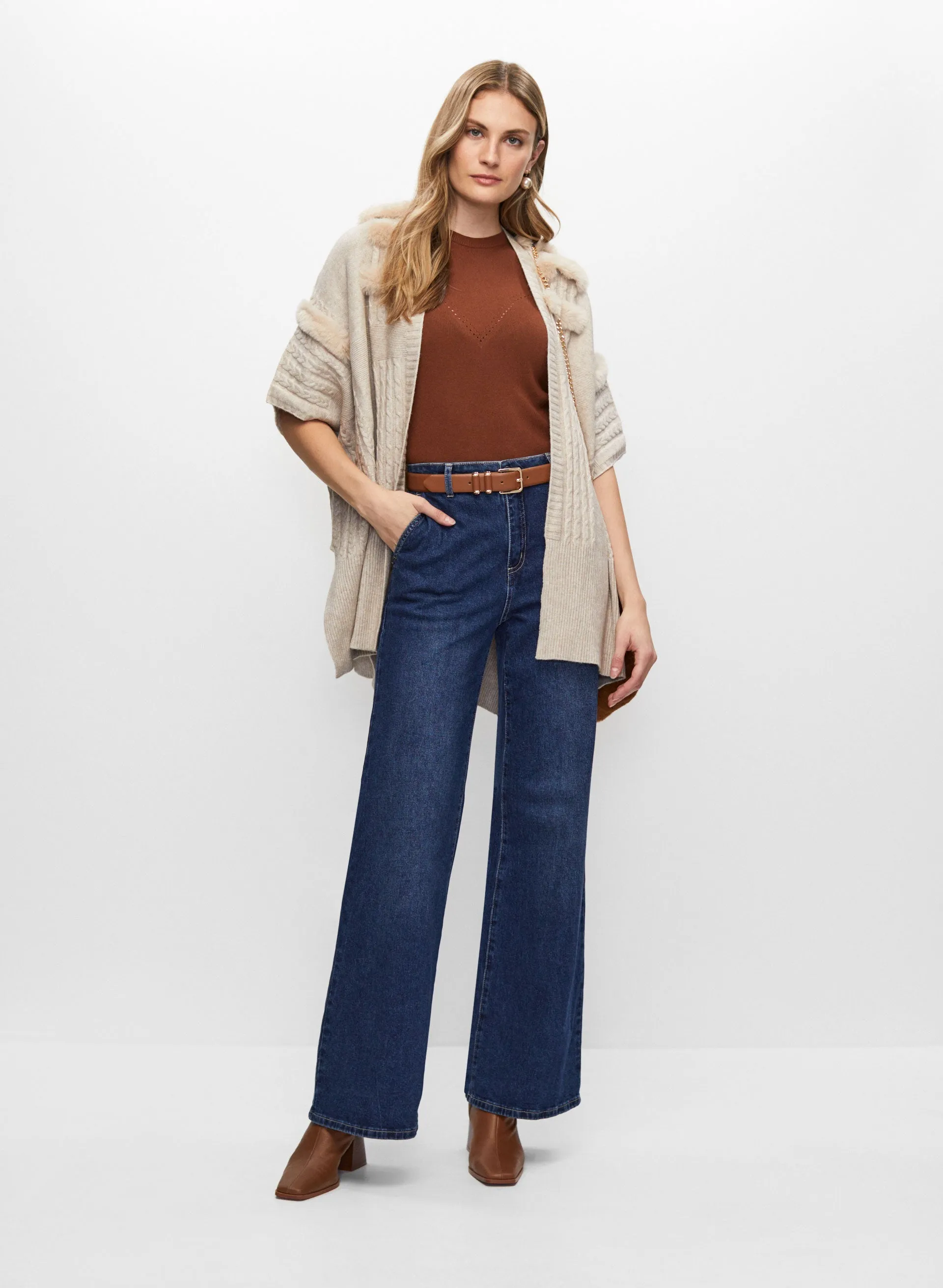 Joseph Ribkoff - Faux Fur Detail Mixed Knit Cardigan sold by Melanie Lyne product image thumbnail 3