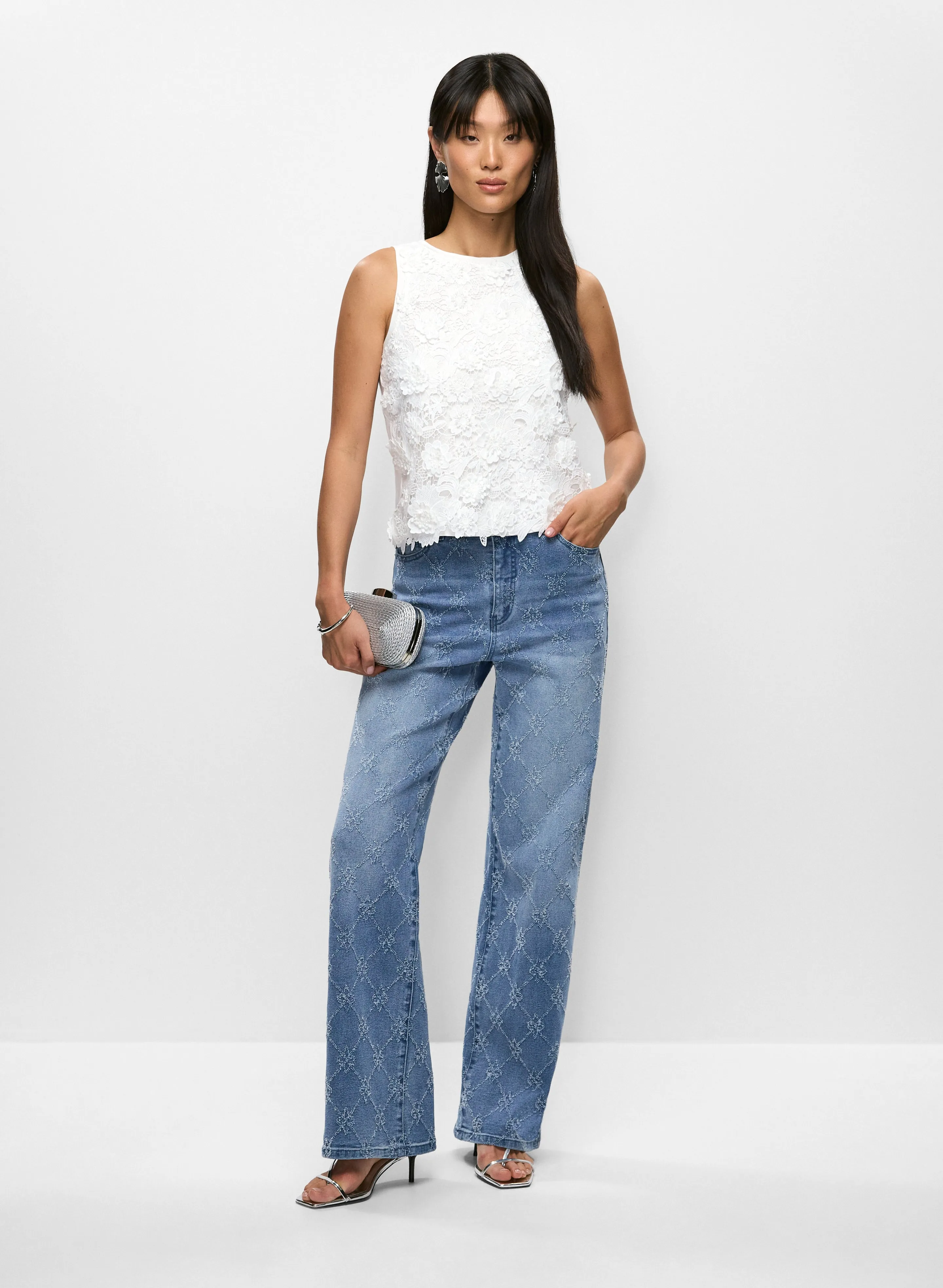 Lace Insert Sleeveless Top & Distressed Detail Wide Leg Jeans sold by Melanie Lyne