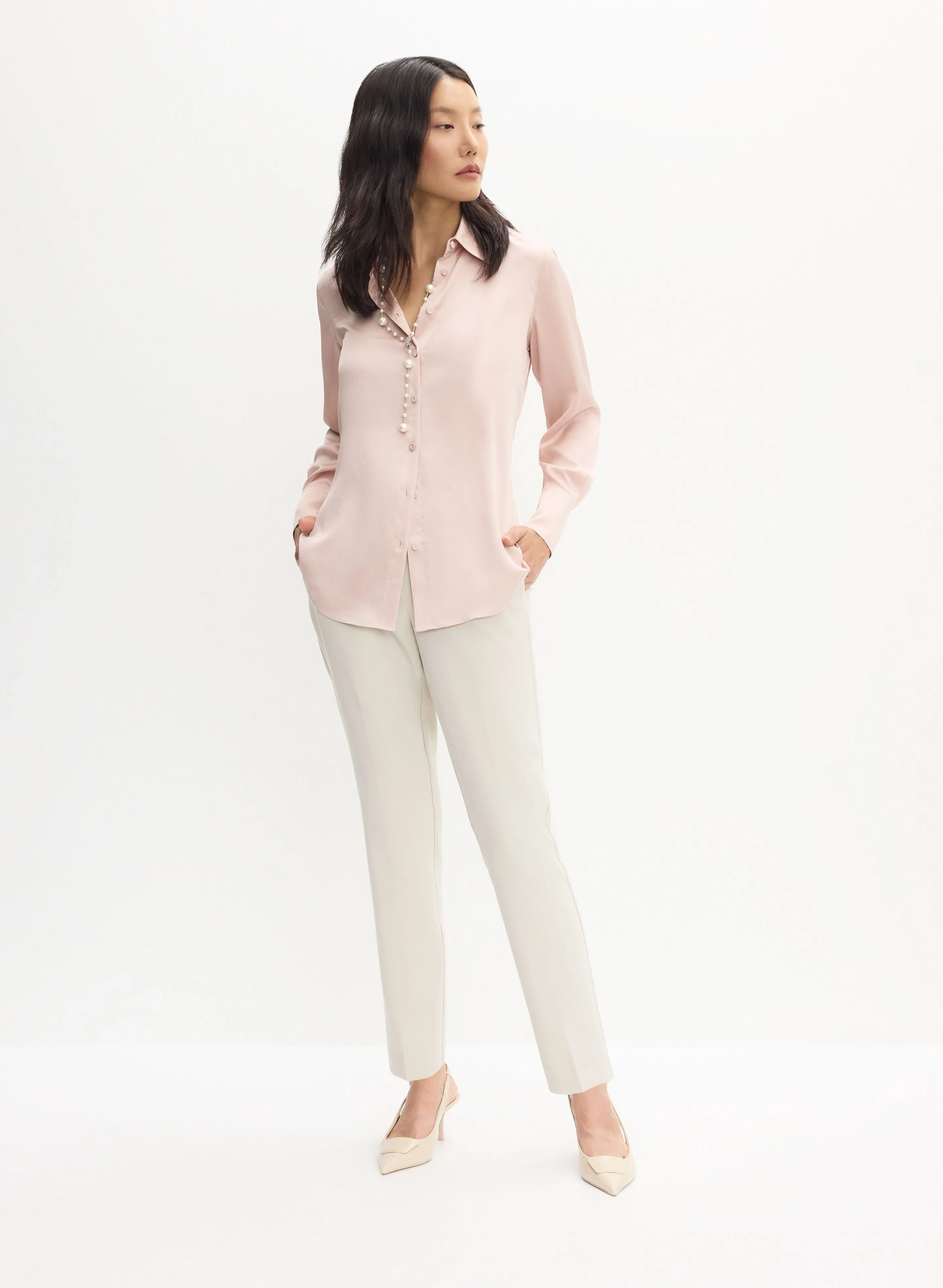 Button-Front Satin Blouse & Giselle Cut Pants sold by Melanie Lyne