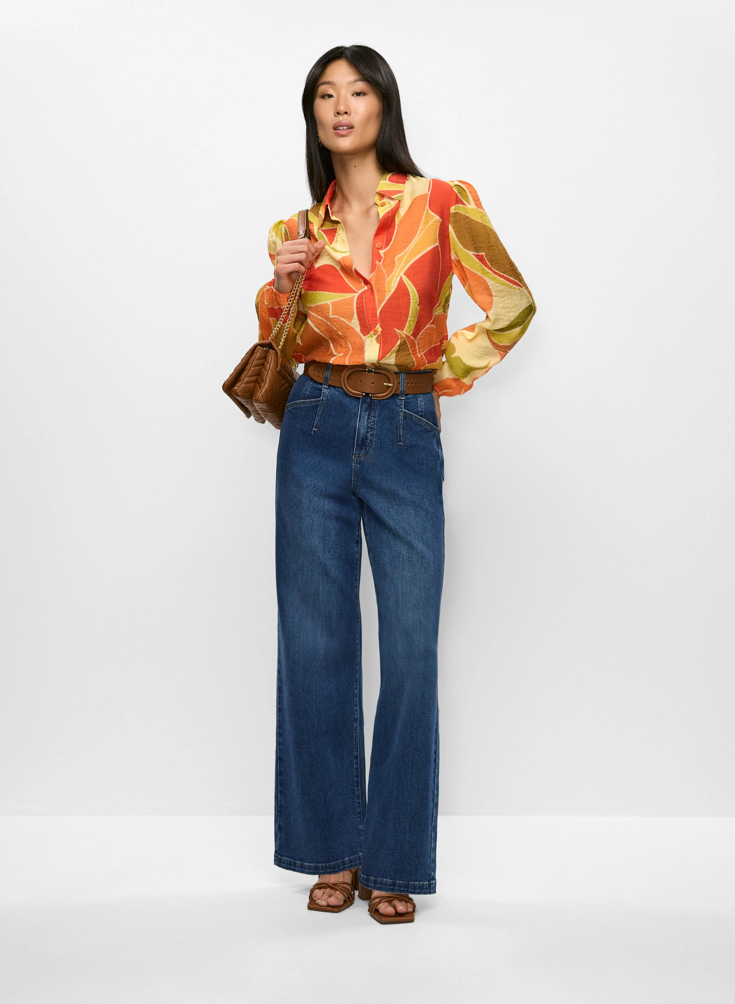 Tropical Smocked-Waist Blouse & Dart Waist Wide-Leg Jeans sold by Melanie Lyne