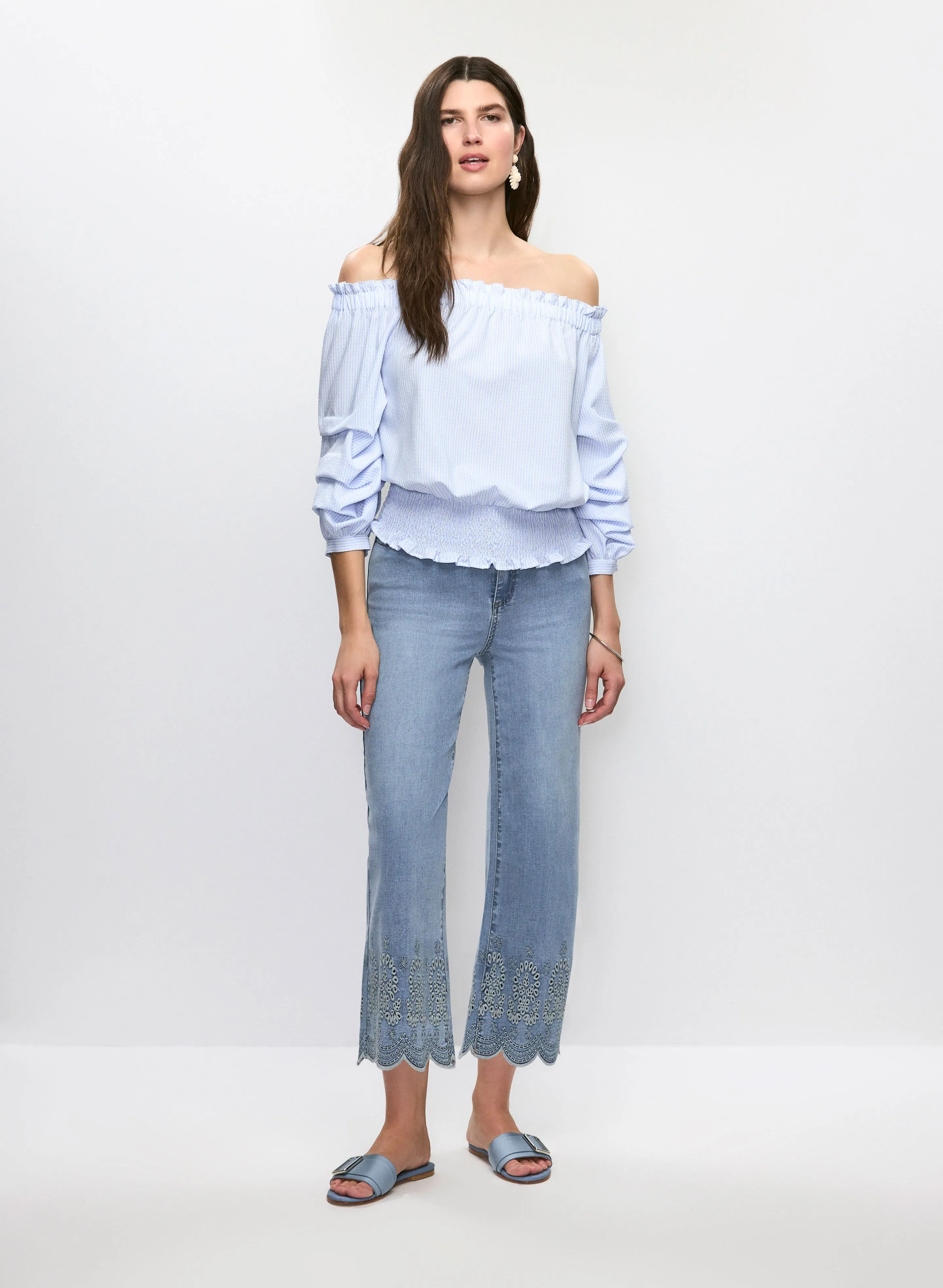 Off-the-Shoulder Striped Blouse & Embroidered Hem Jeans sold by Melanie Lyne
