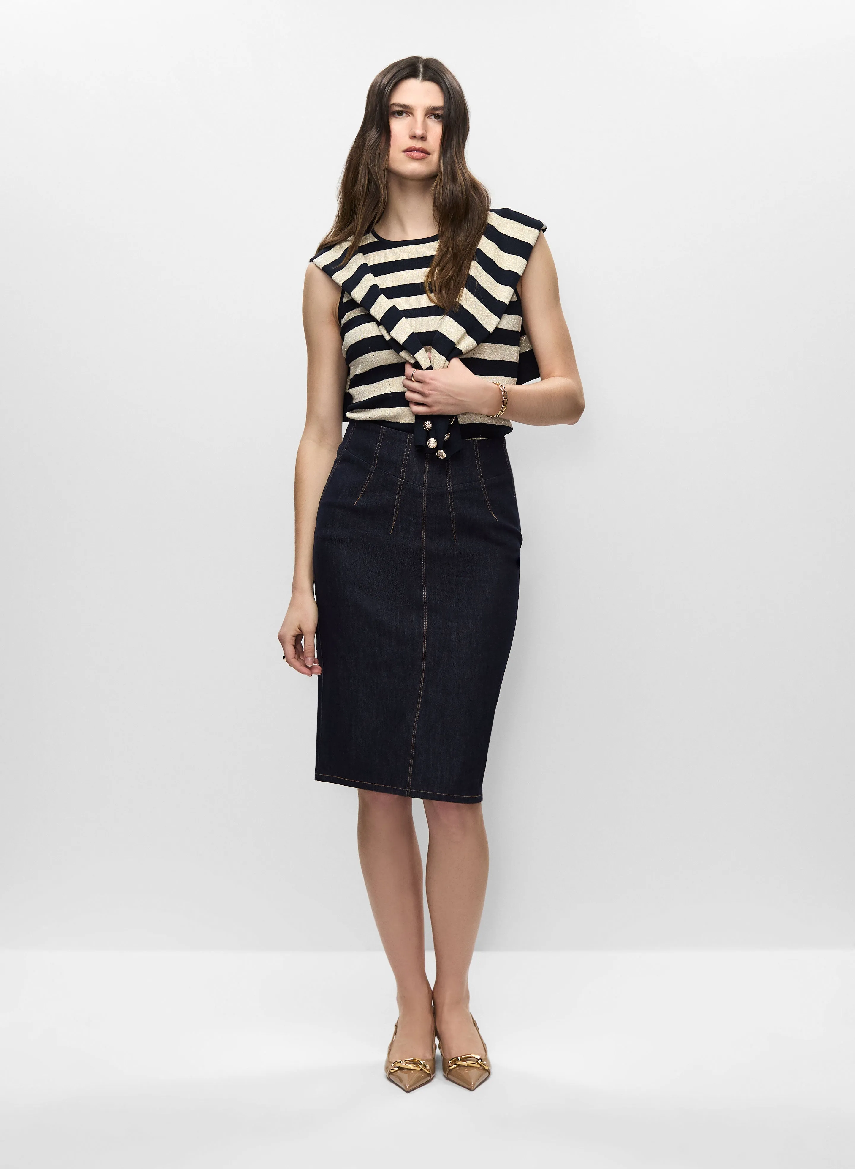 Crew Neck Stripe Cardigan & Denim Pencil Skirt sold by Melanie Lyne