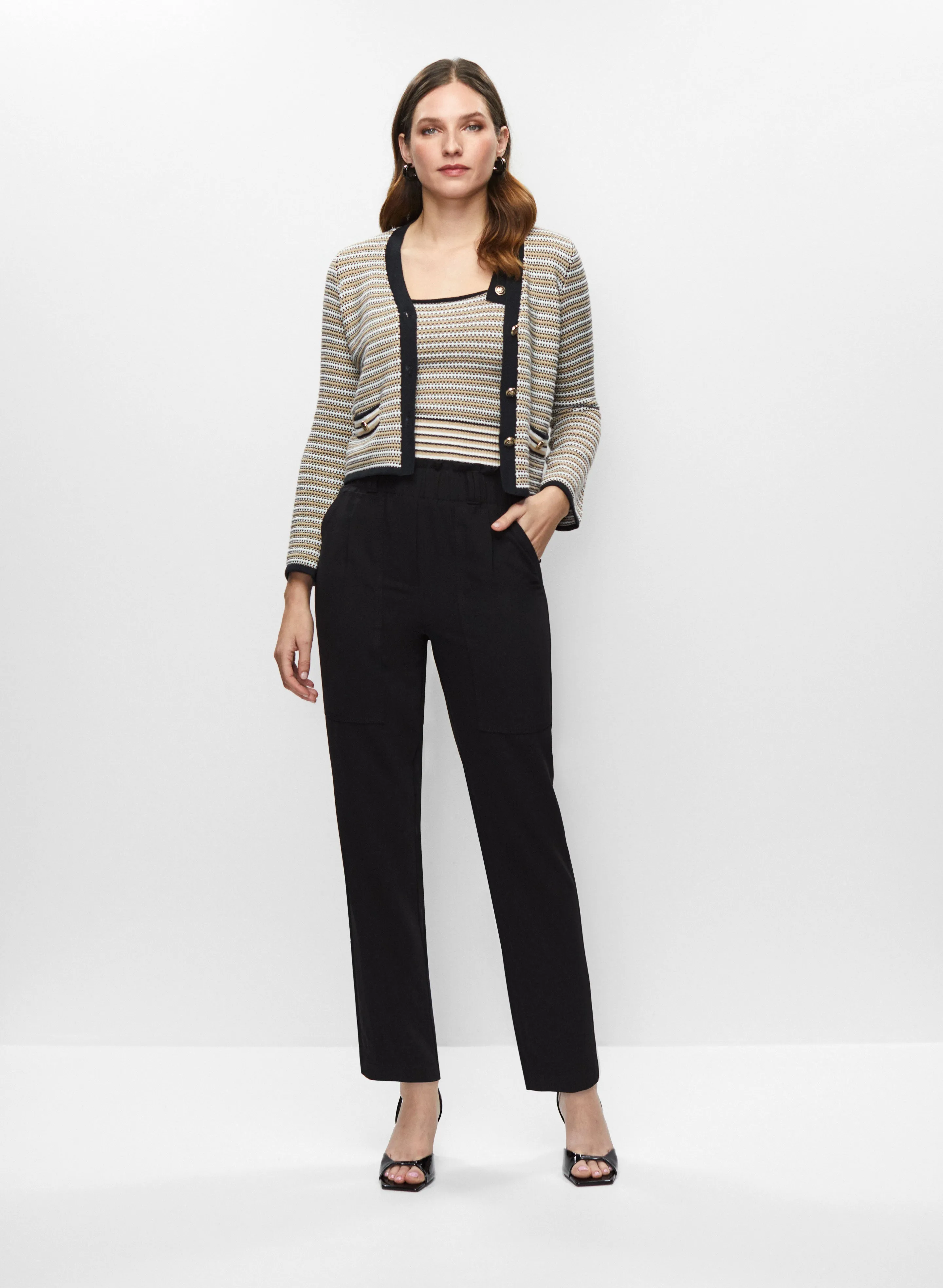 Striped Button Front Cardigan & Ruffle Waist Pants sold by Melanie Lyne