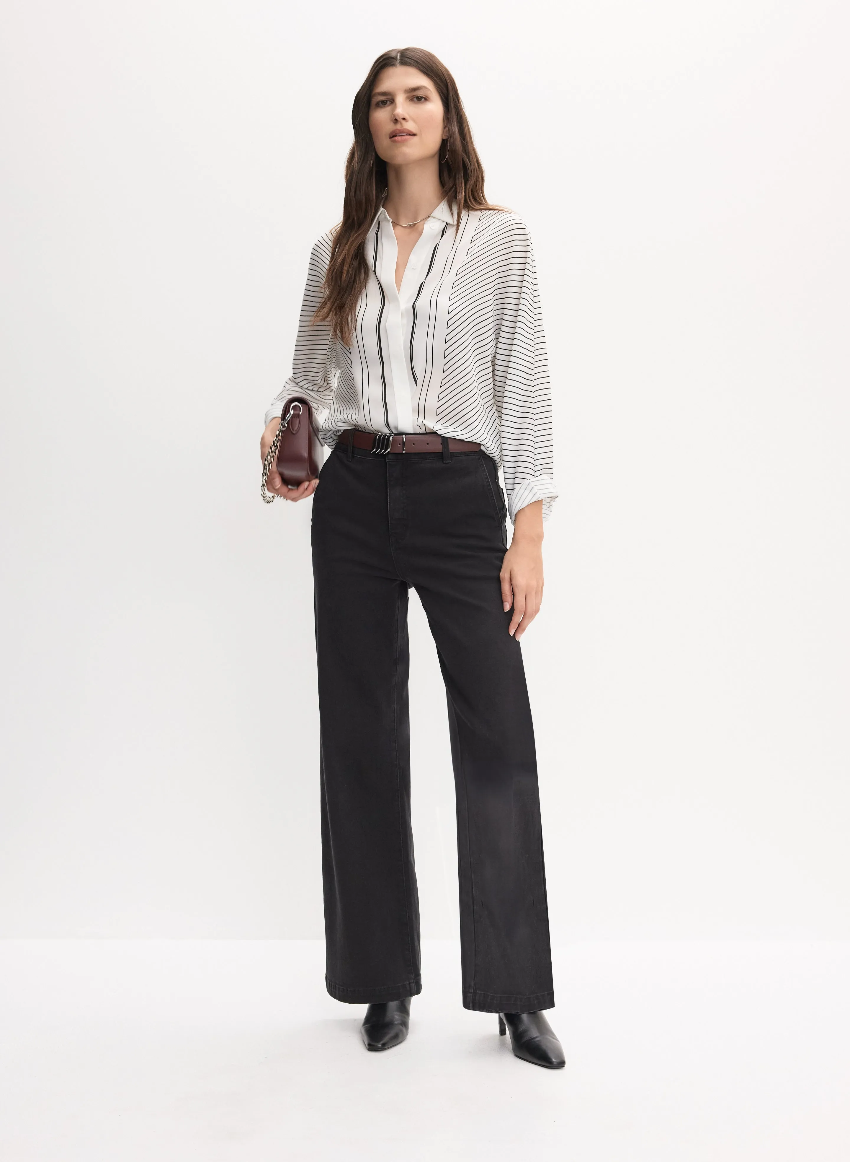 Stripe Print Button-Up Blouse & Wide Leg Jeans sold by Melanie Lyne