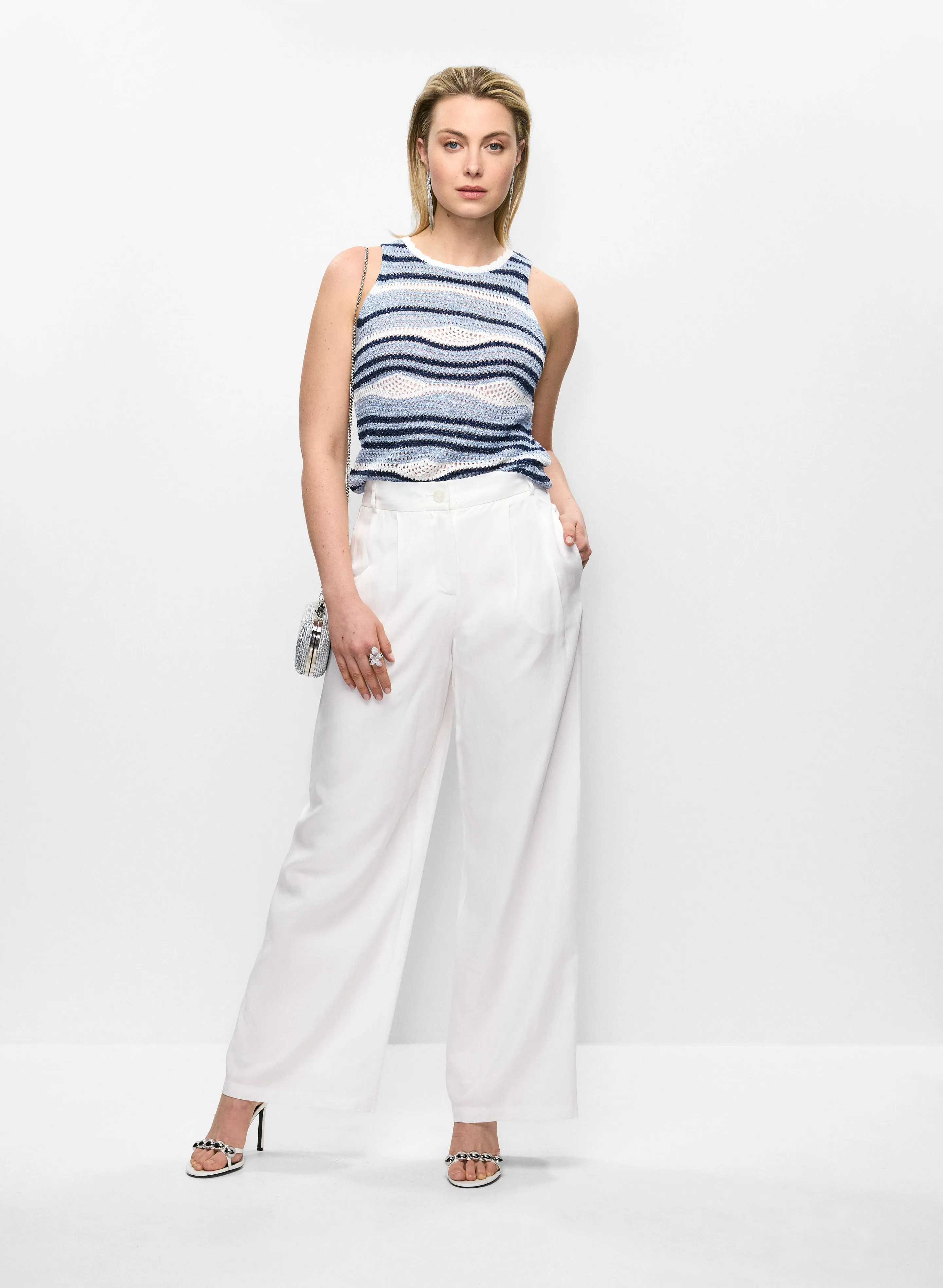 Striped Sleeveless Open-Knit Top & Tencel-Linen Wide Leg Pants sold by Melanie Lyne