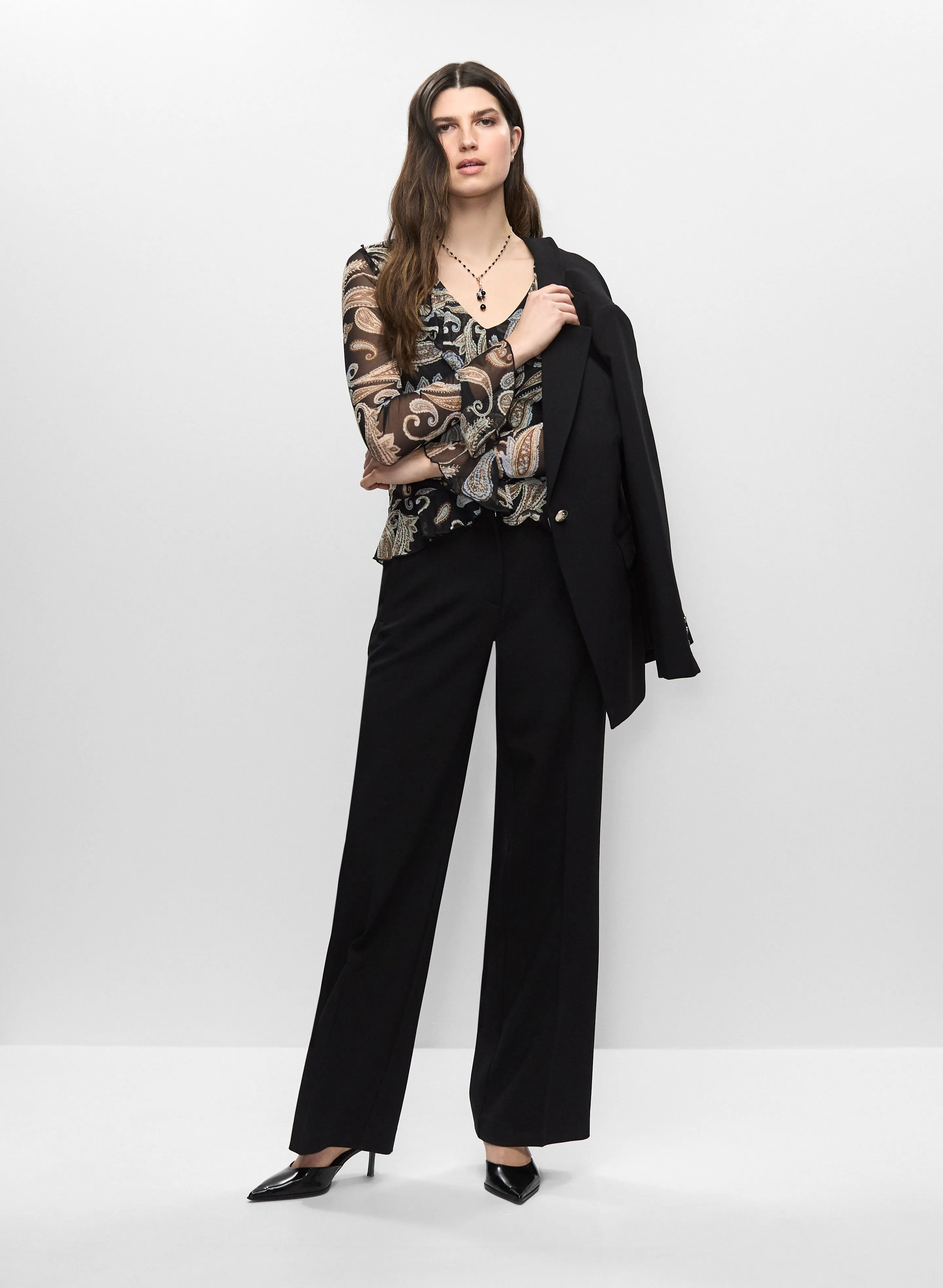 Single-Button Blazer, Ruffle Sleeve Top & Soho Pants sold by Melanie Lyne