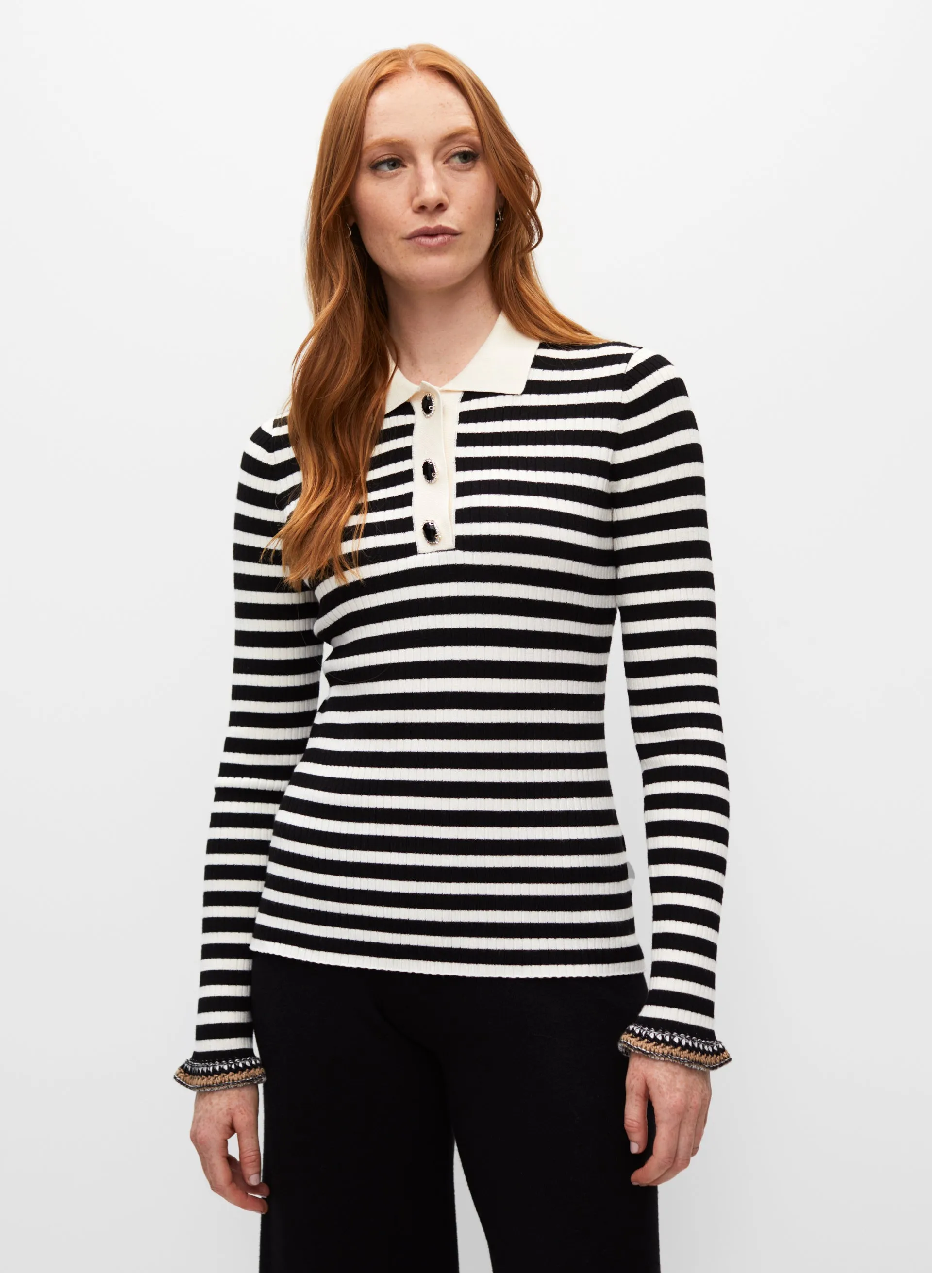 Striped Jewel Button Polo Sweater sold by Melanie Lyne
