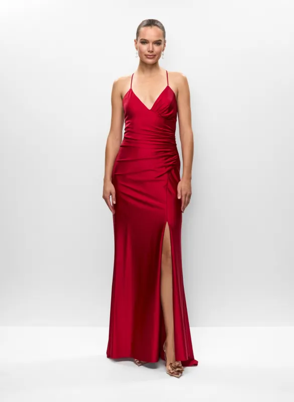 Ruched V-Neck High Slit Gown sold by Melanie Lyne