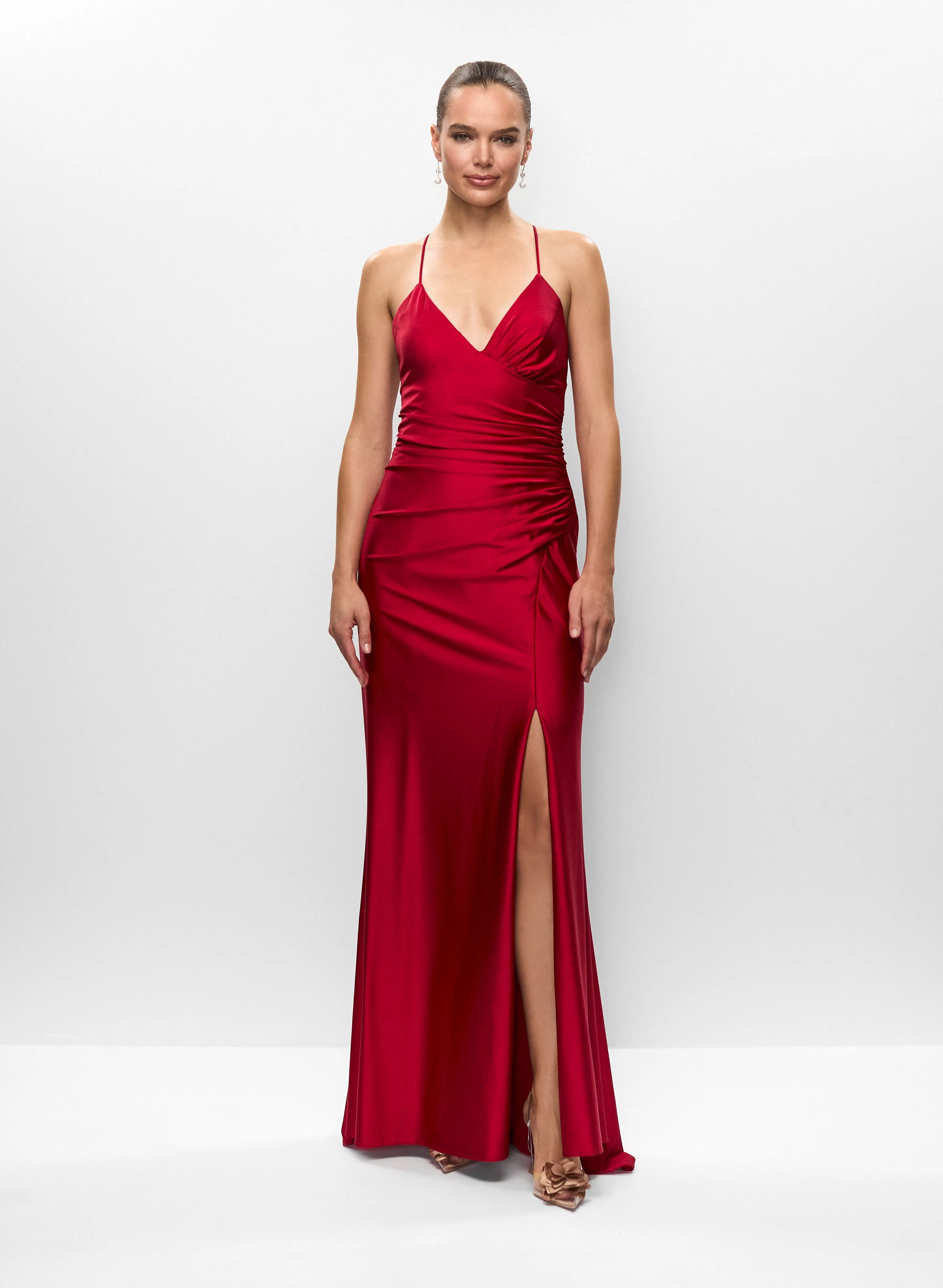 Ruched V-Neck High Slit Gown sold by Melanie Lyne