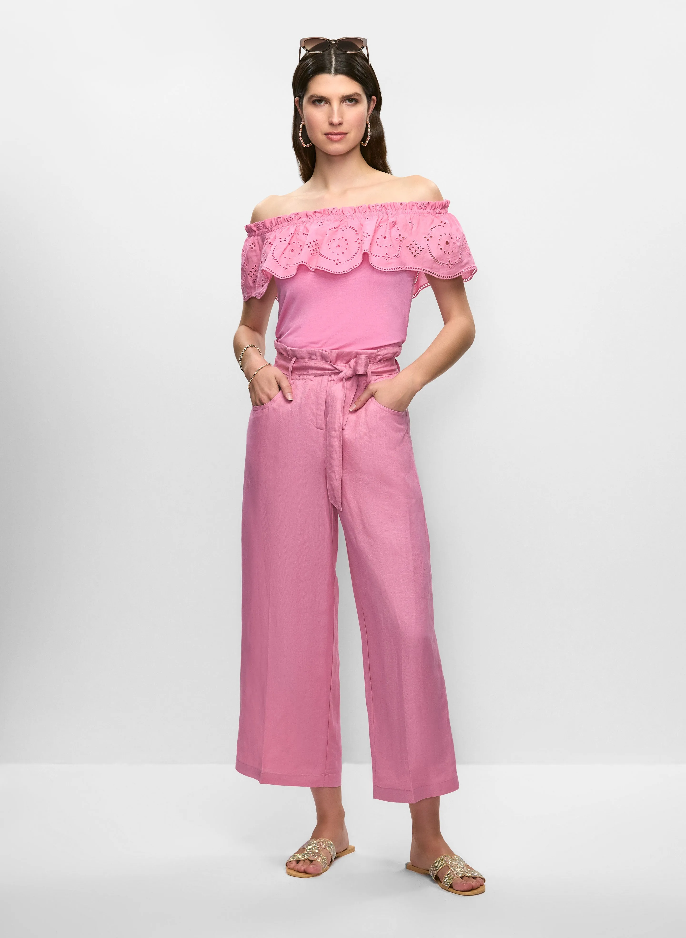 Off-the-Shoulder Eyelet Top & Linen Cropped Pants sold by Melanie Lyne