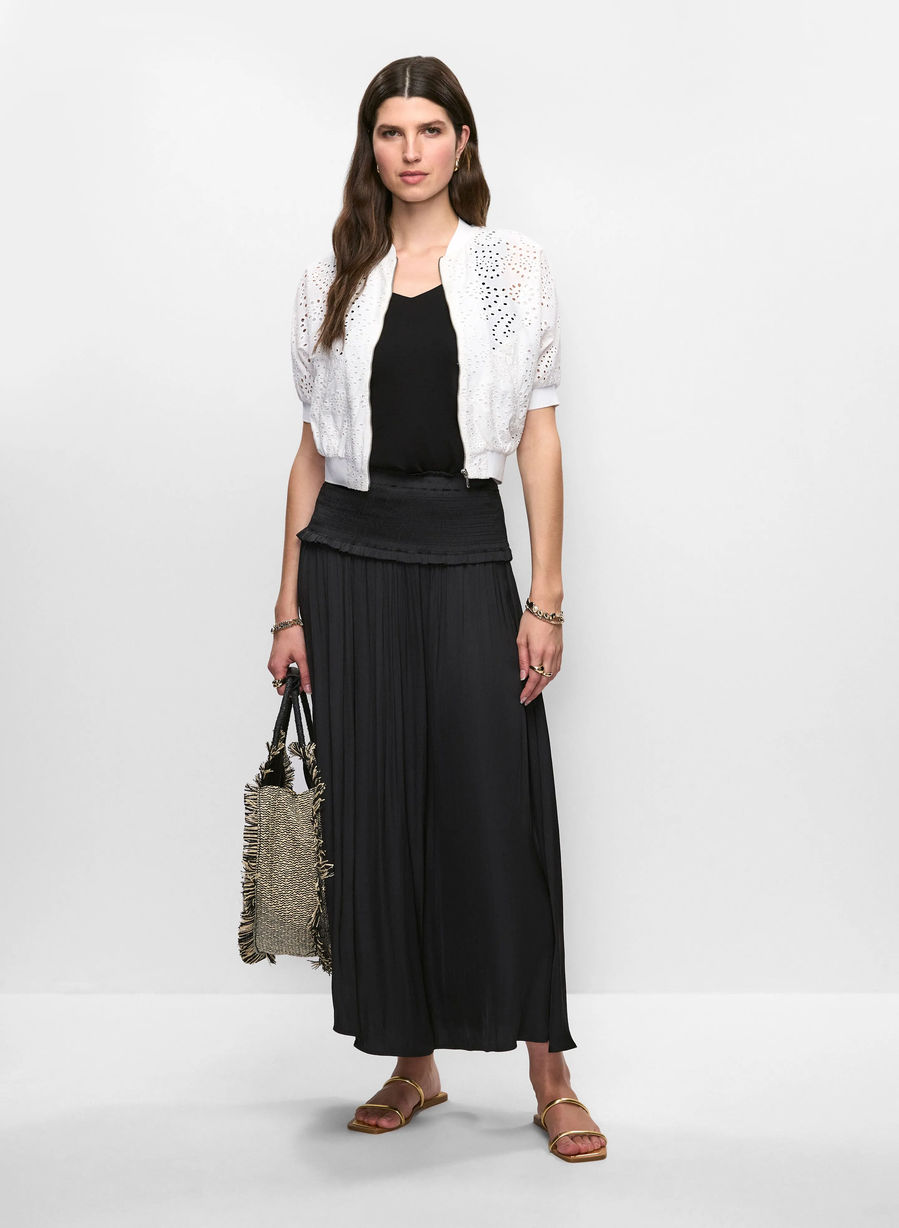 Eyelet Bomber Jacket & Shirred Waist Satin Maxi Skirt sold by Melanie Lyne