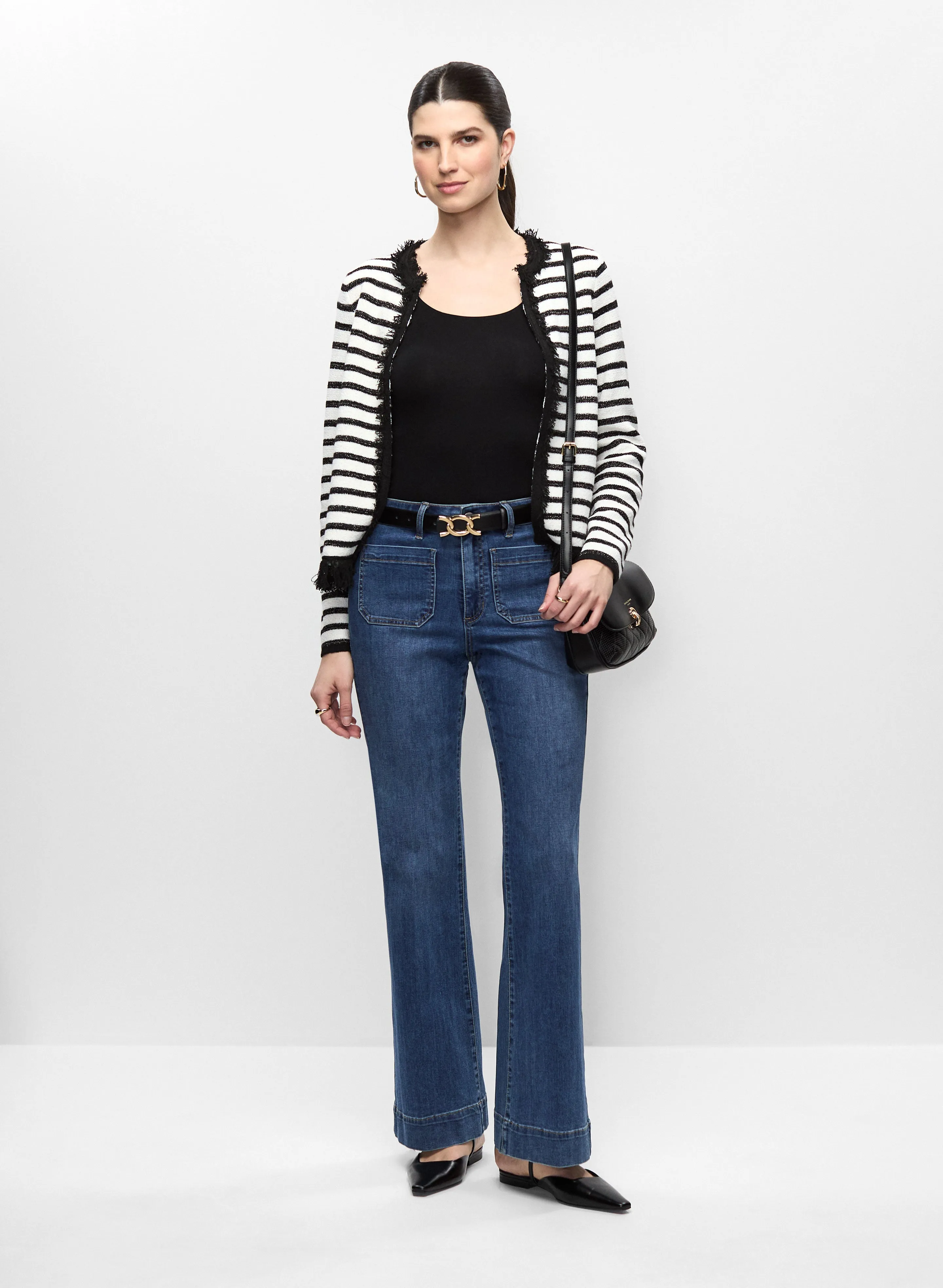 Fringe-Trimmed Striped Knit Cardigan & Flare Leg Jeans sold by Melanie Lyne