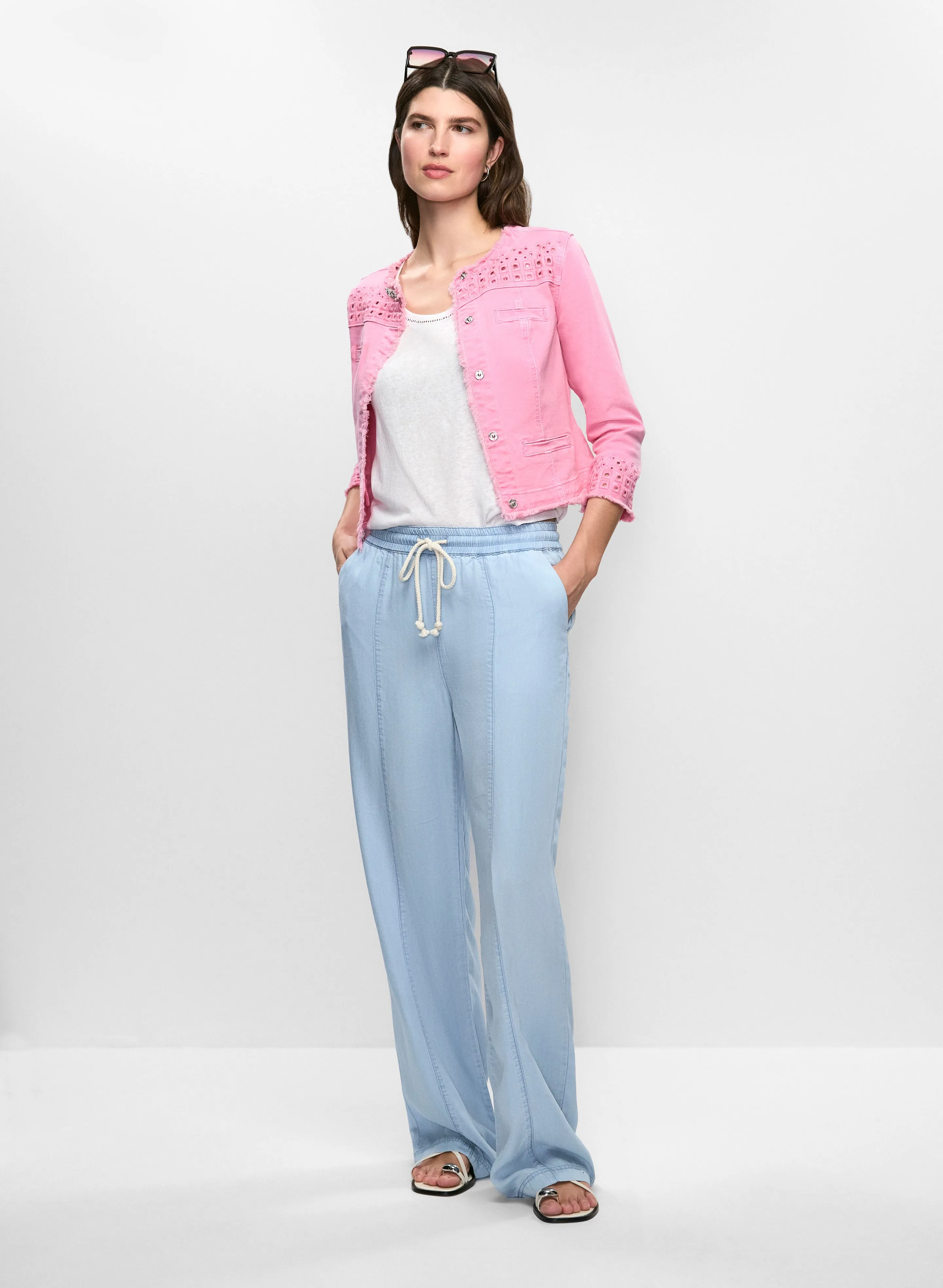 Eyelet Trim Denim Jacket & Pull-On Wide Leg Pants sold by Melanie Lyne