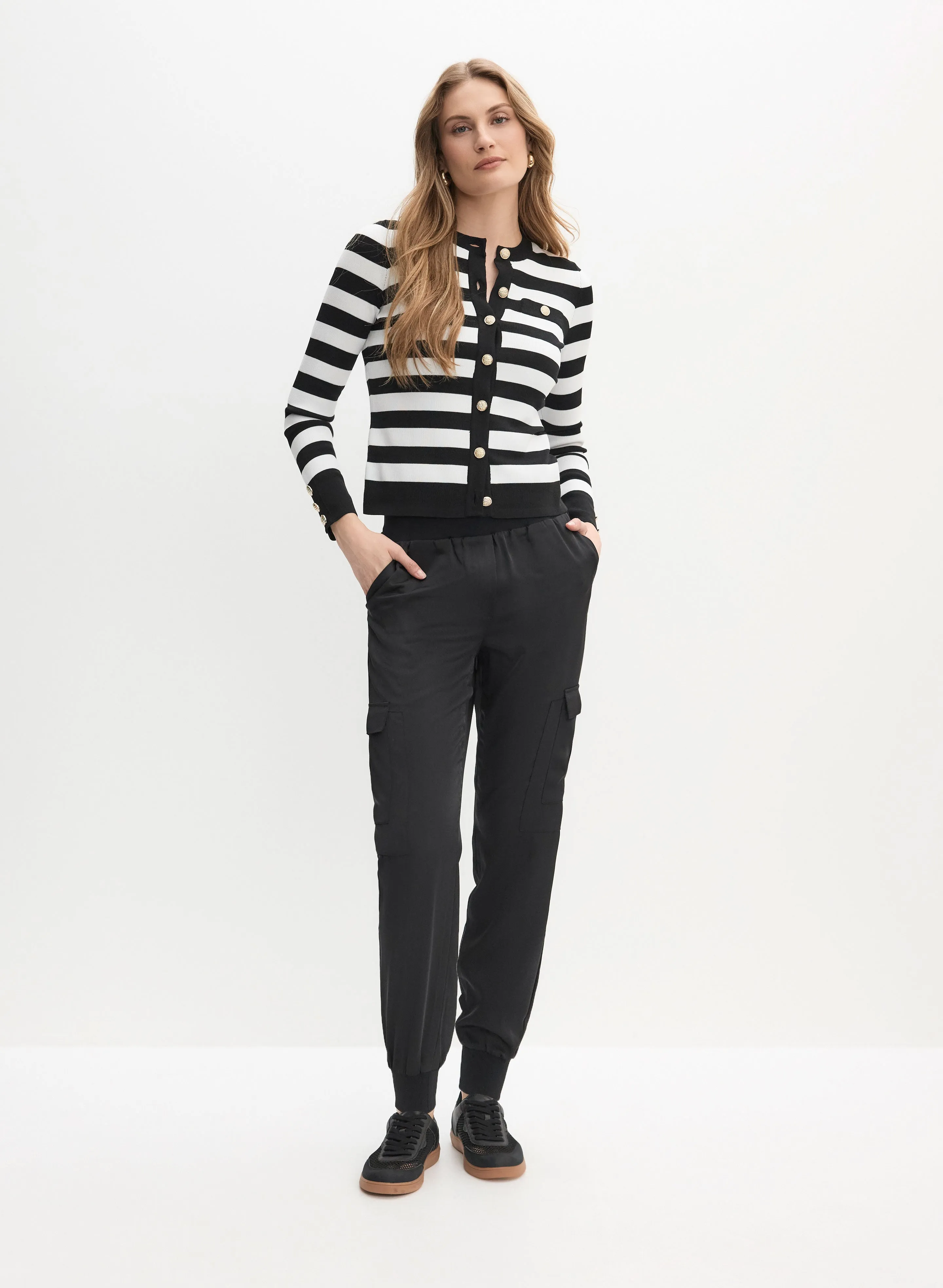 Striped Button-Up Sweater & Pull-On Cargo Jogger Pants sold by Melanie Lyne