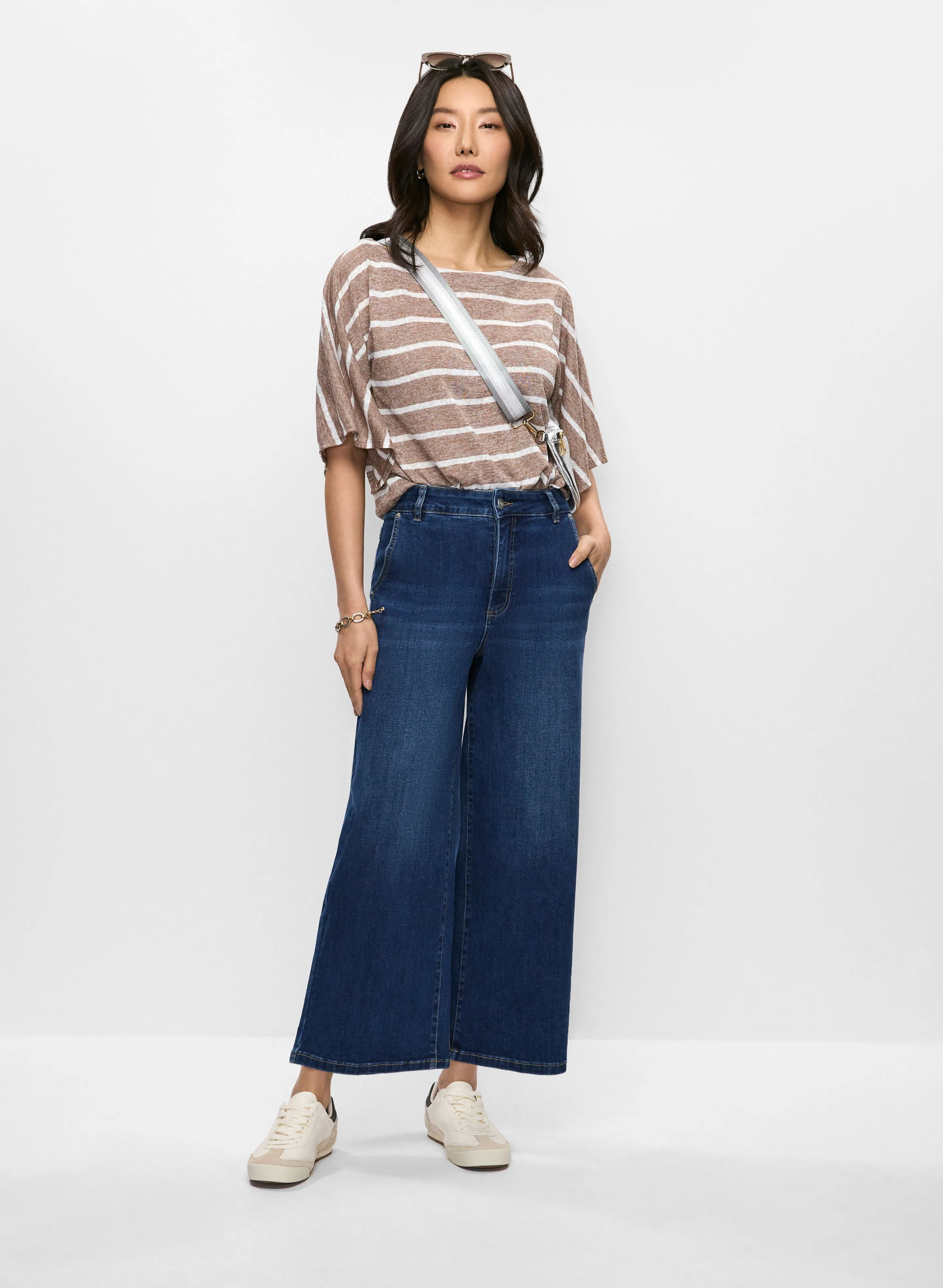 Striped Drawstring-Hem Top & High Waist Culotte Jeans sold by Melanie Lyne