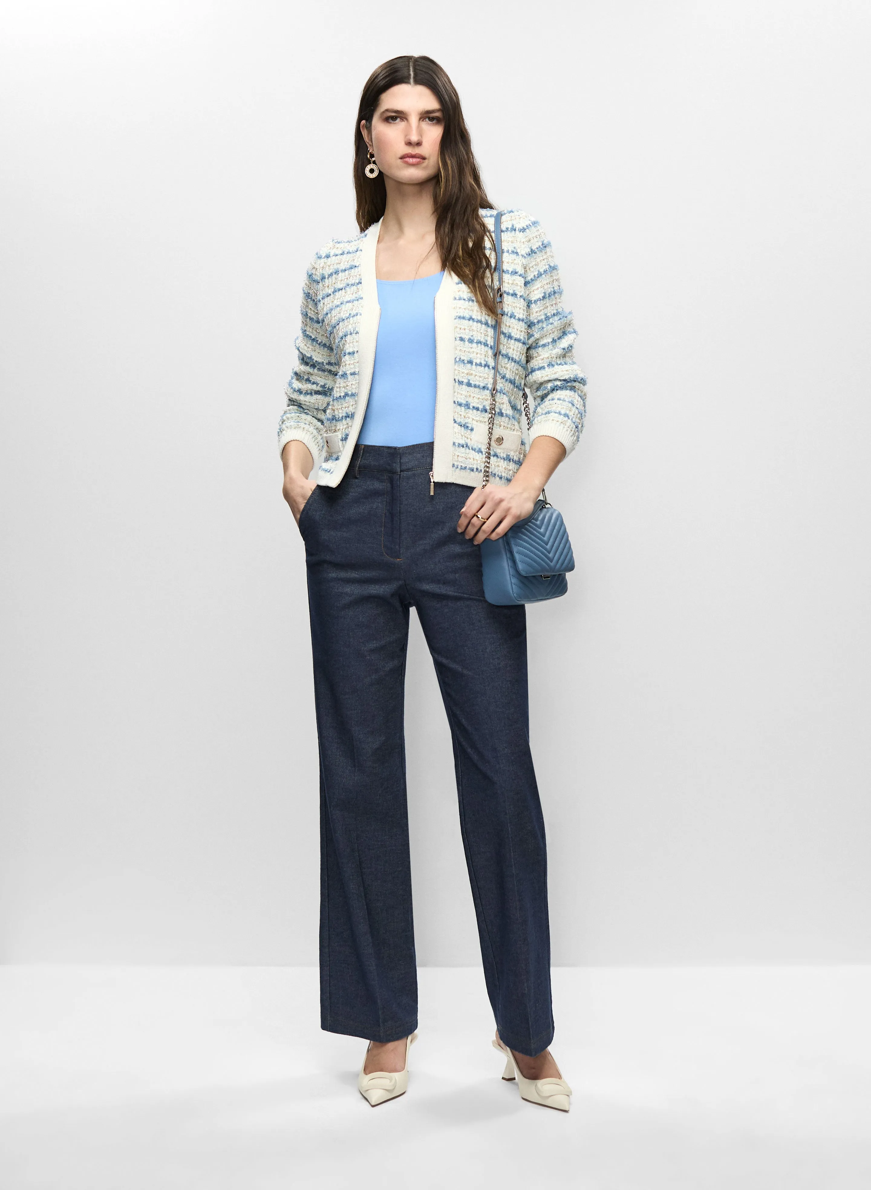 Striped Bouclé Cardigan & Flare Leg Jeans sold by Melanie Lyne