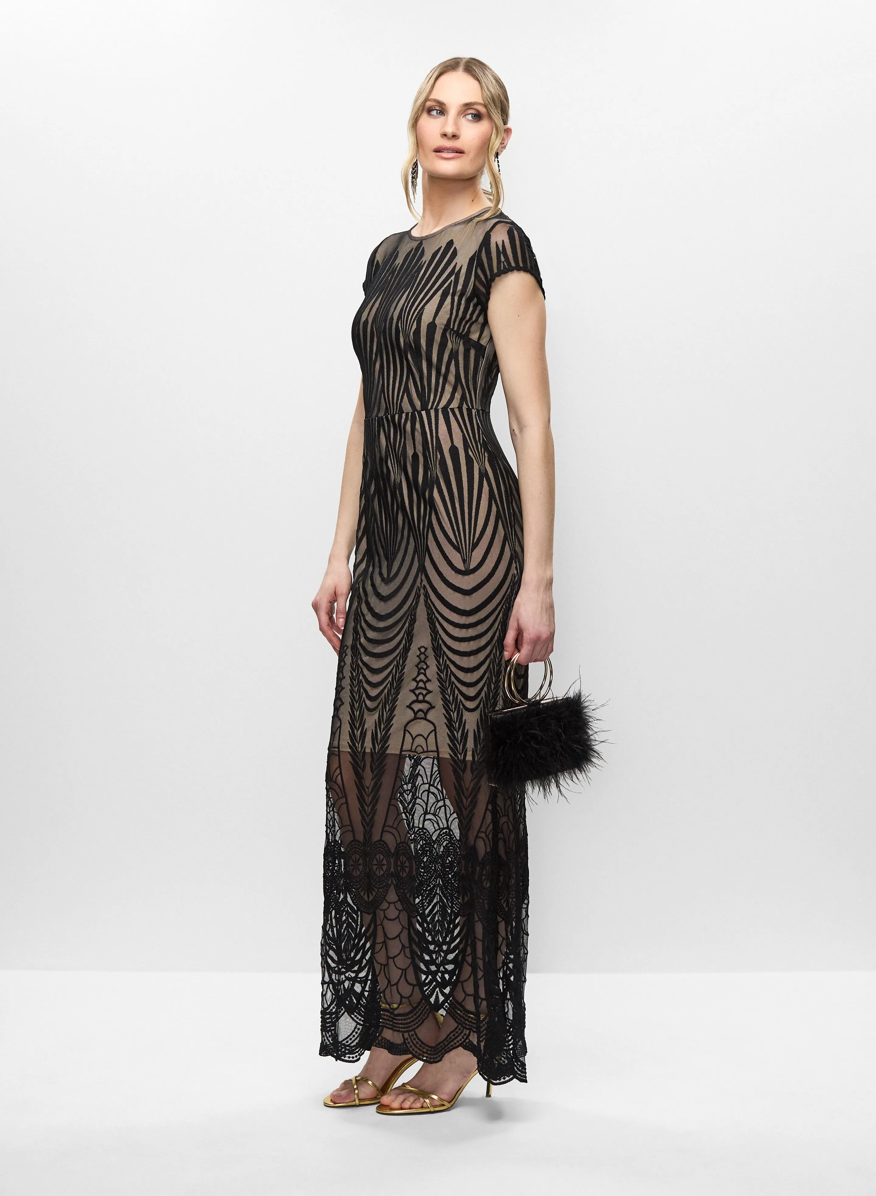 Geometric Lace Hem Dress & Satin Feather Clutch sold by Melanie Lyne