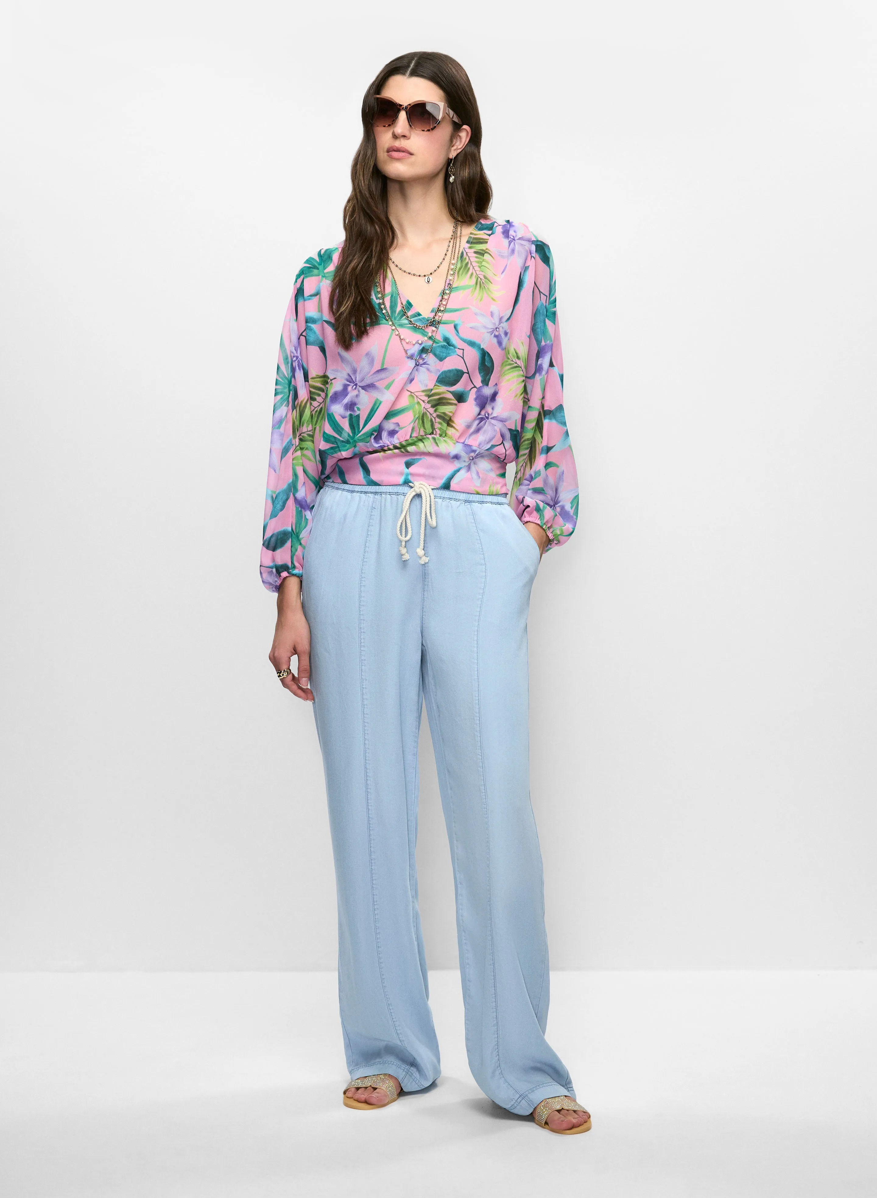 Floral Chiffon V-Neck Blouse & Pull-On Wide Leg Pants sold by Melanie Lyne