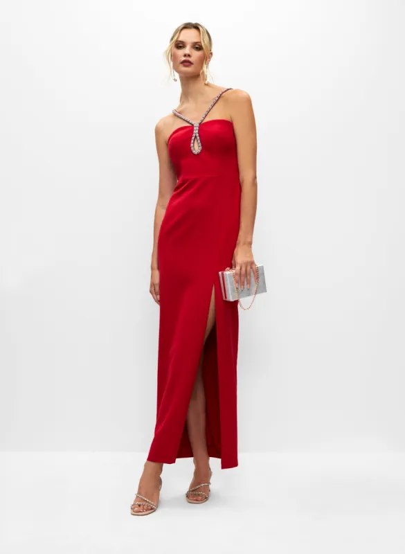 Rhinestone Strap High Slit Gown sold by Melanie Lyne