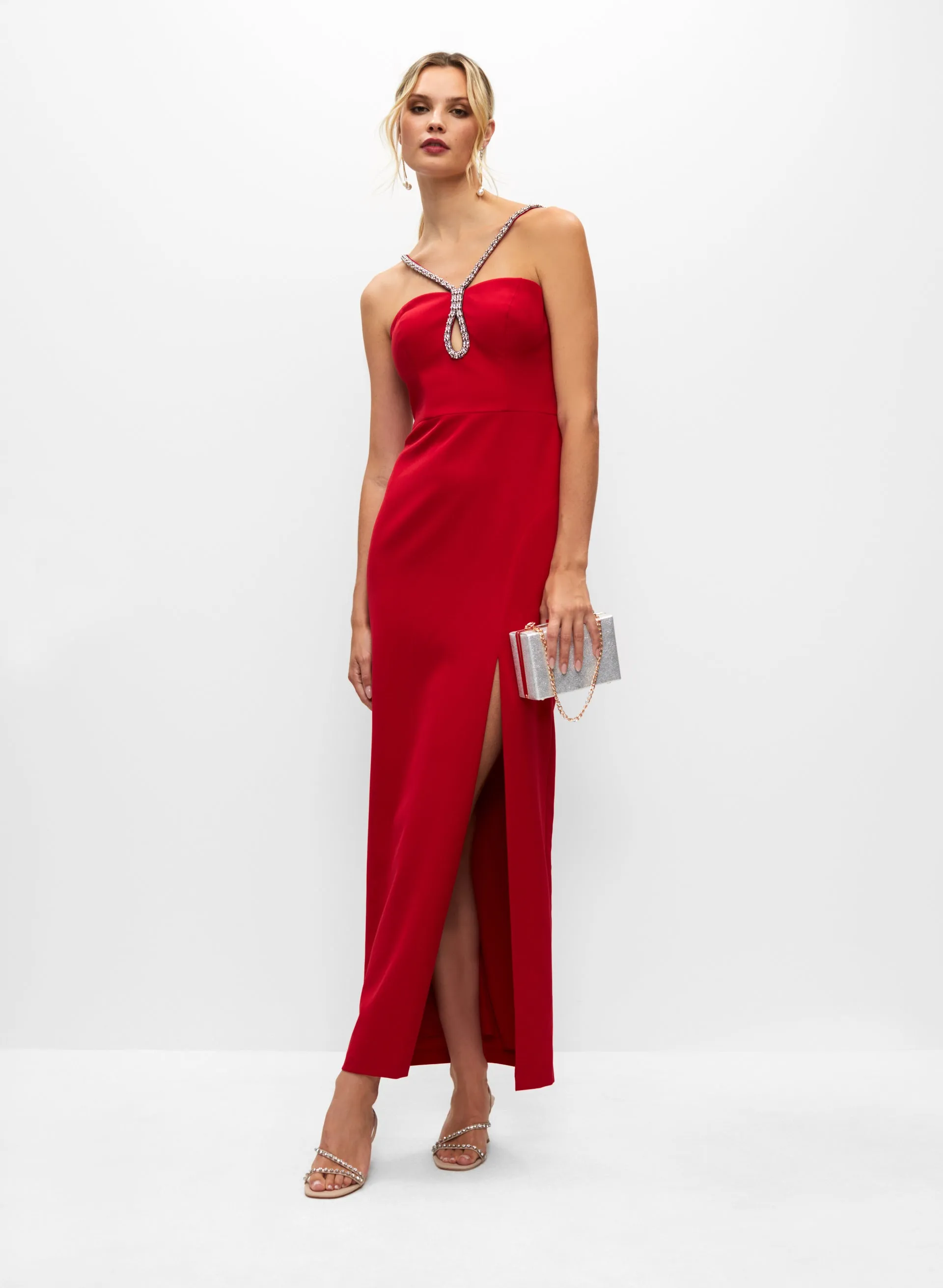 Rhinestone Strap High Slit Gown sold by Melanie Lyne
